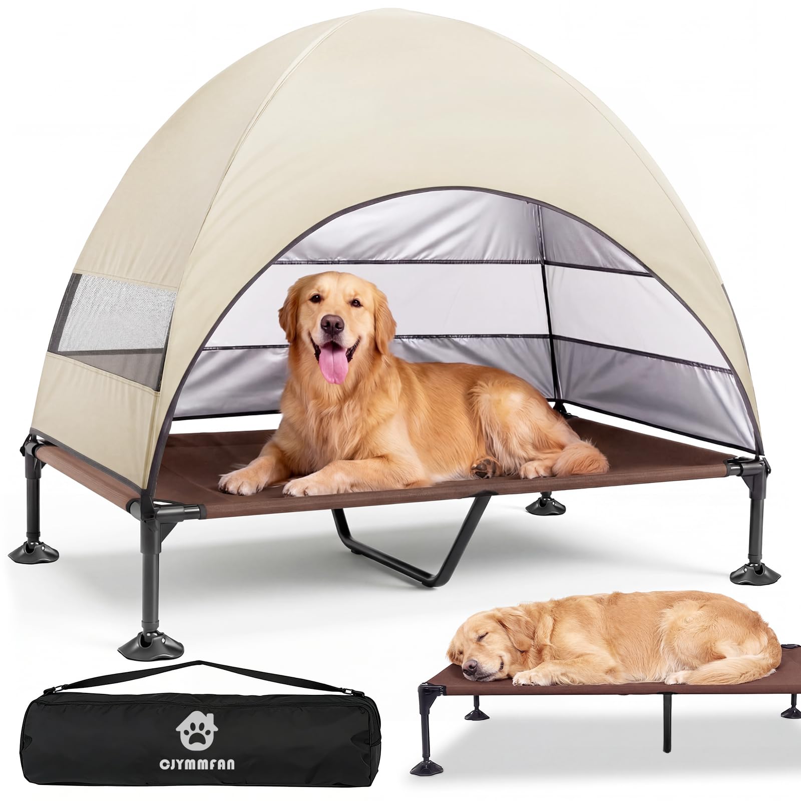 Erhöhtes Hundebett Outdoor mit UV-beständiges Dach，Hundeliege Klappbar mit Anti-Rutsch-Füßen, Hundezelt Outdoor mit Großem Schatten, Kühlendes ErhöHtes Hunde Bett für Camping, Garten & Pool (Grau, L)