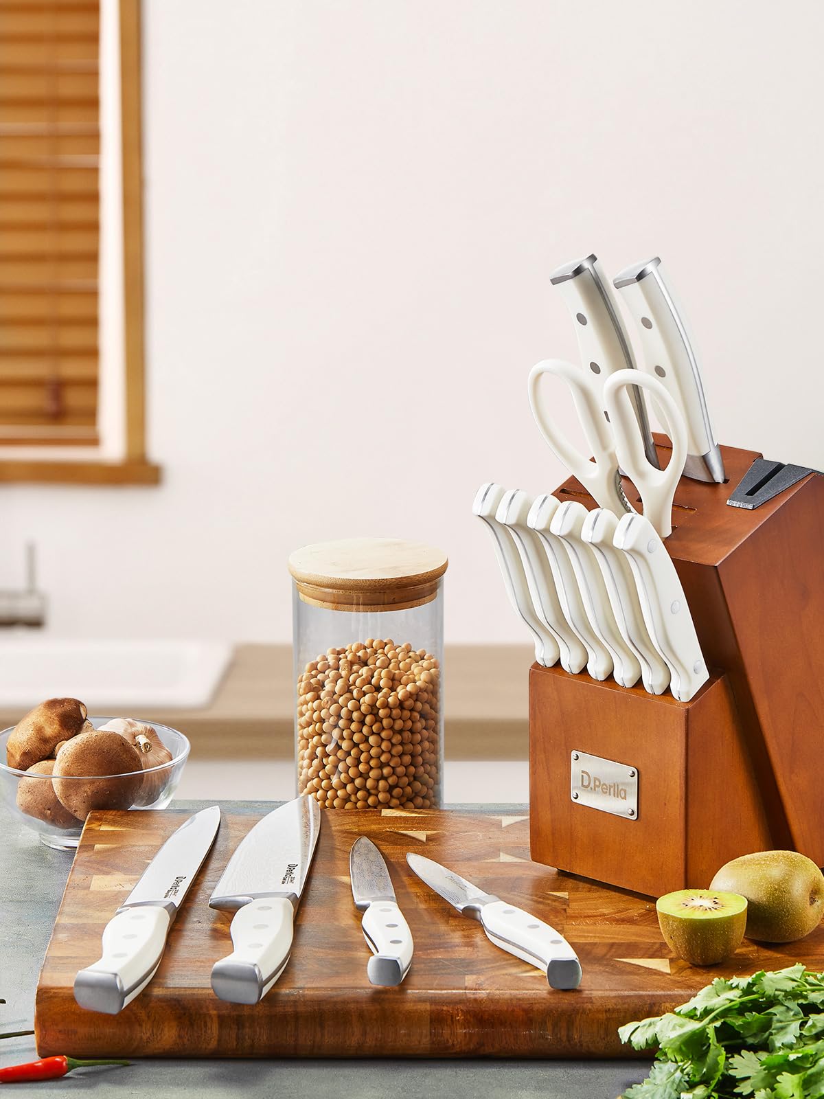 Messerblock Set, 14-teiliger selbstschärfender Messerblock mit Messer, scharfer Edelstahlmessersatz mit Kunststoffgriff und Holzblock, professionelles Küchenmesserset