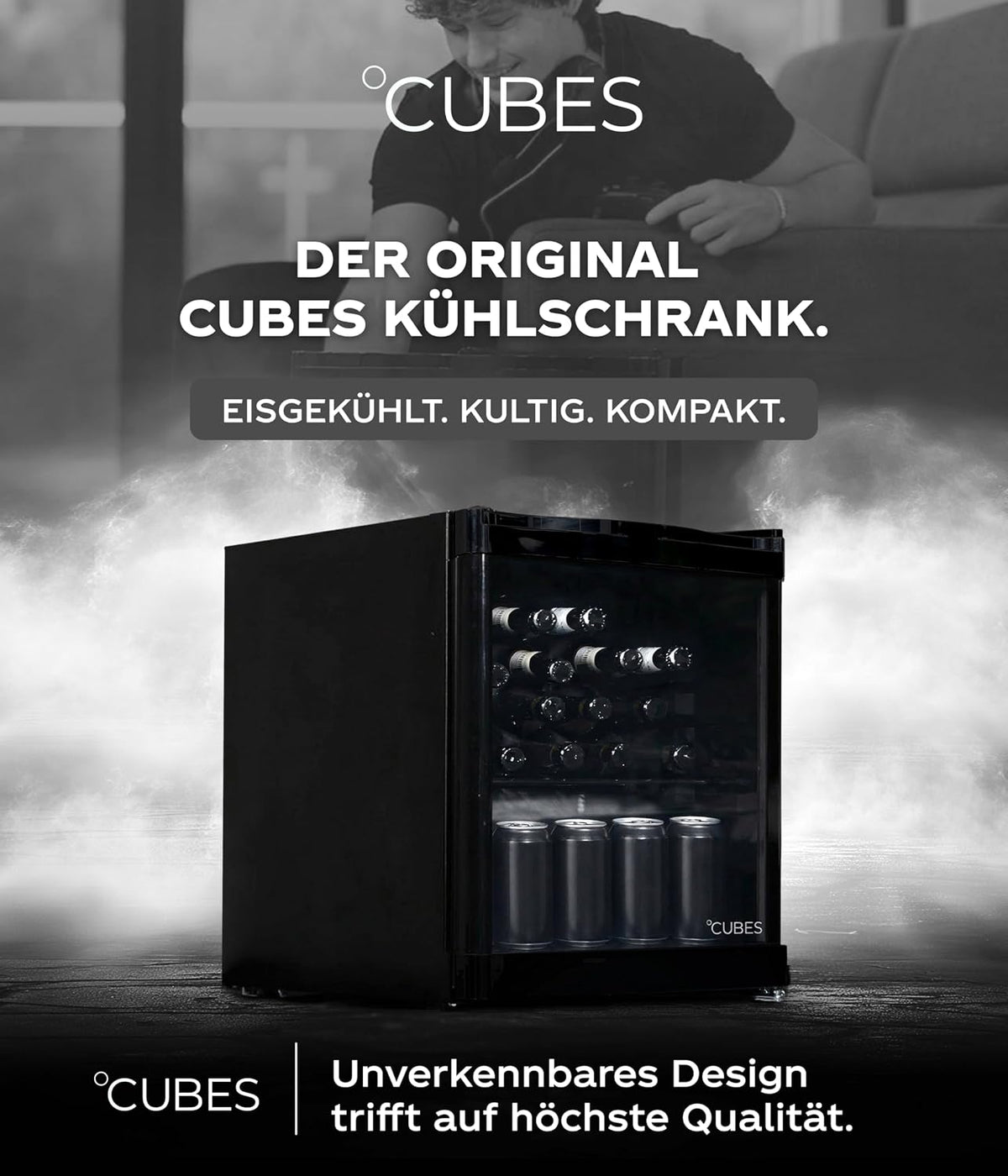 Mini Kühlschrank 48 L Schwarz – Eleganter Getränkekühlschrank mit Glastür & 1 variabler Ablage | Leise & energieeffizient (39 dB) | Perfekt für Büro, Küche, Gaming & Bar | Stilvolles Design