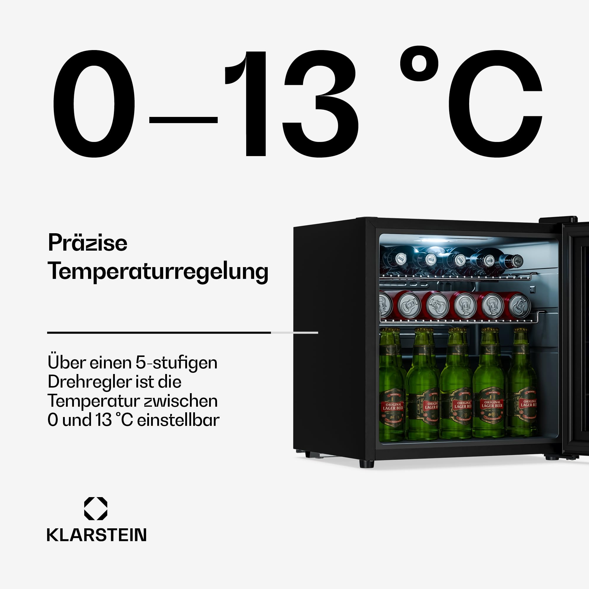 Getränkekühlschrank 33 L – Mini Kühlschrank mit Glastür, Silber-Schwarz | LED-Beleuchtung, herausnehmbare Metallablagen, leise, Flaschenkühlschrank für Getränke & Dosen