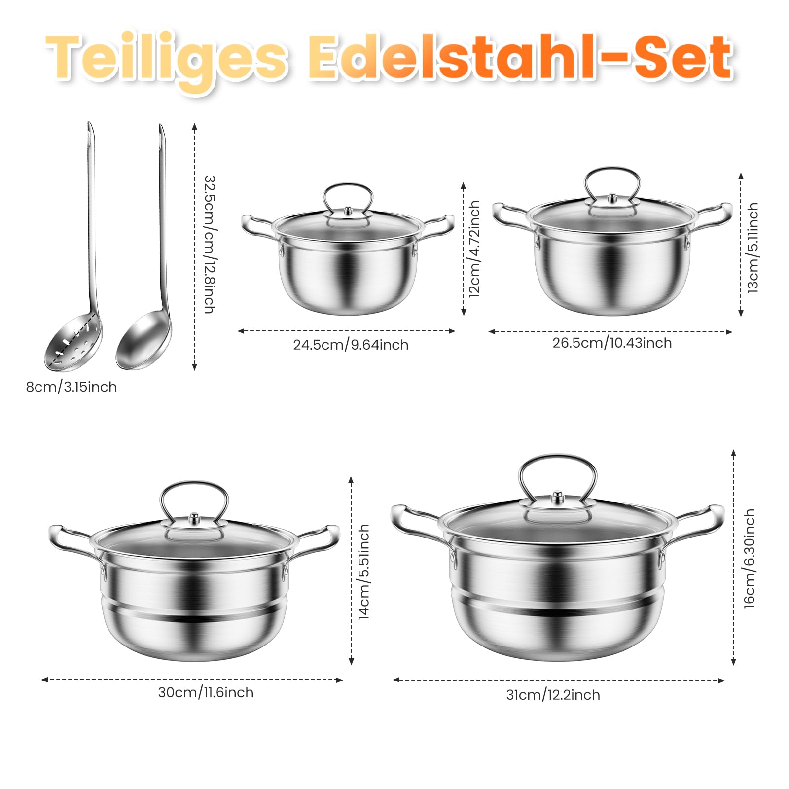 Edelstahl Saucepan Set, 12-teilige Töpfe Set mit Dampfer und Löffel, großes Kochgeschirr, Induktionskochtopf Set, Töpfe Set