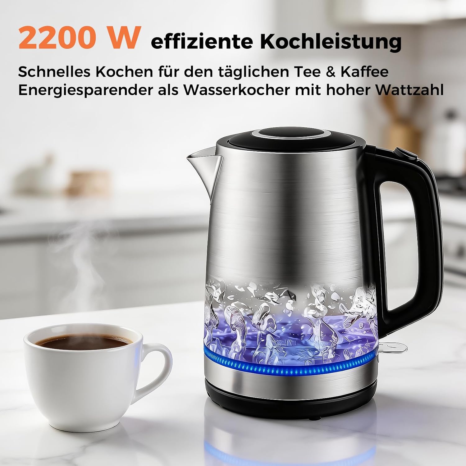 Wasserkocher mit Temperatureinstellung 1,7L 2200W Glas | 5 Temperaturstufen, 5 Farben LED, 30 Min Warmhaltefunktion, Kabellos, Kalkfilter, Abschaltautomatik