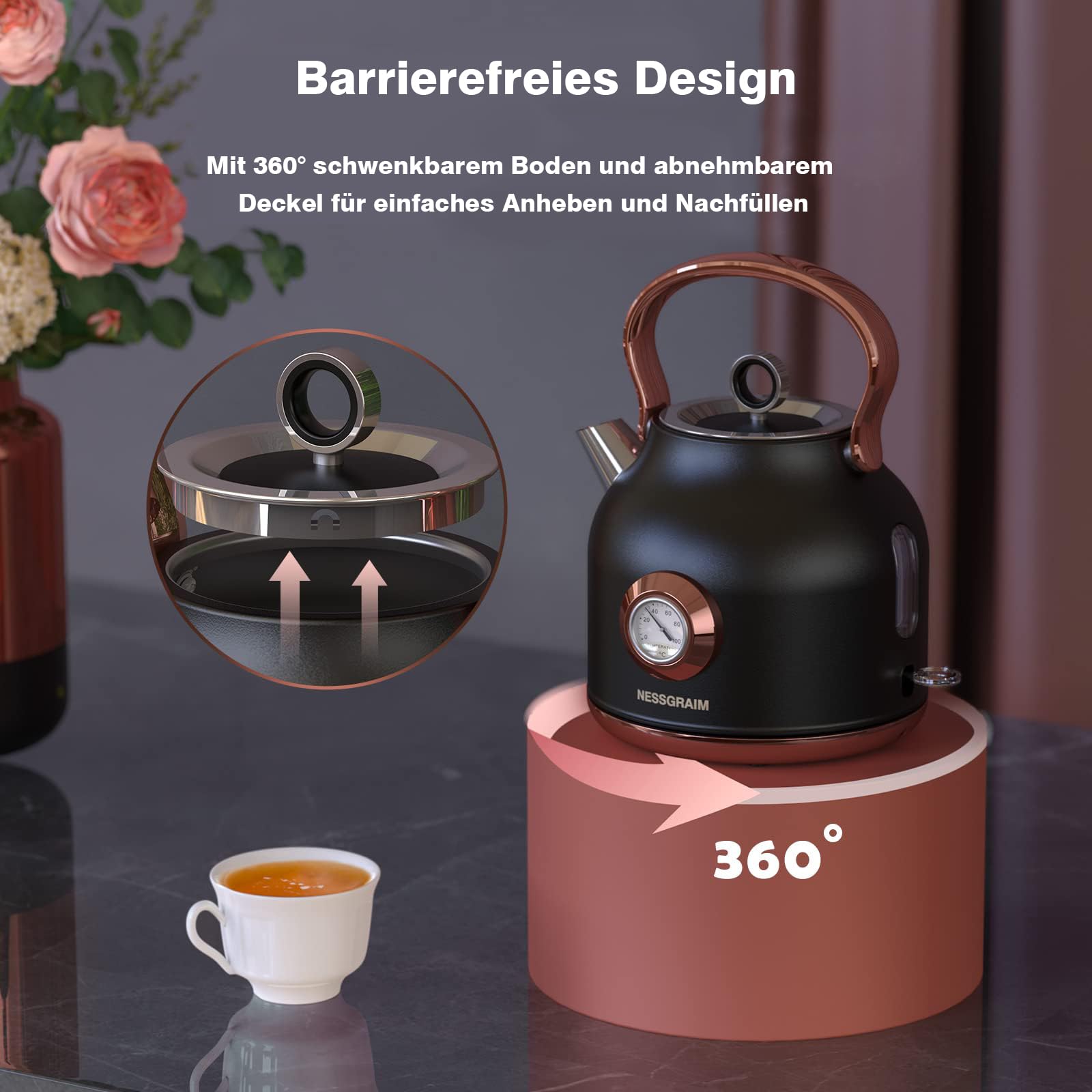 Retro Wasserkocher, 1,7 Liter Edelstahl Teekessel mit grosser Temperaturanzeige, 2200 W Schnellerhitzung Heisswasserkessel mit LED-Anzeige, Schwarz oder Weiss