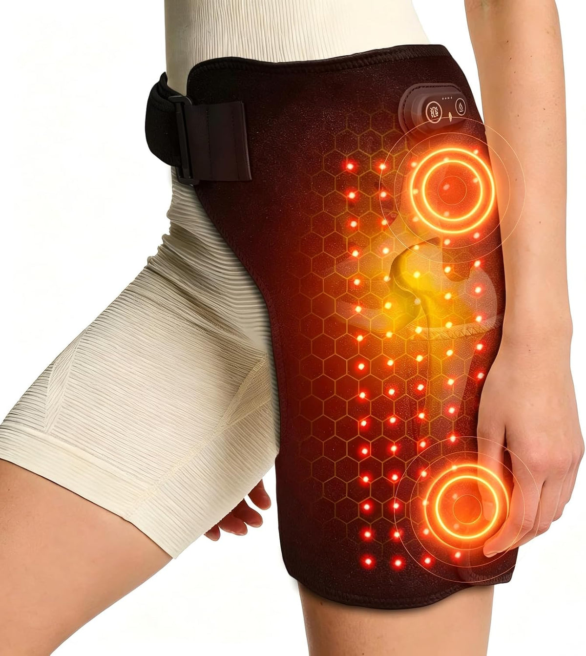 Hüftheizkissen mit Rotlicht, Hipora 4-in-1 Hüftmassager mit 5000mAh Akku, 105 LEDs 660nm, 3 Heizstufen und Vibrationsmassagemodi, Tragbares Heizkissen für Hüfte und Oberschenkel