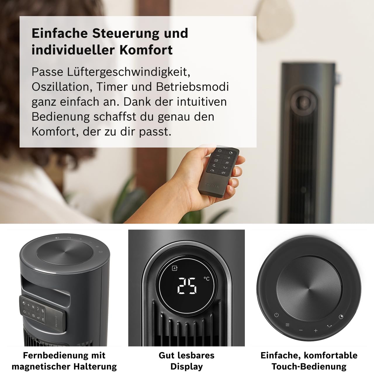 Bosch Tower Fan , Leiser Turmventilator, Midnight Grey | Mit Fernbedienung, 8 Geschwindigkeitsstufen, 90° Oszillation, Nachtmodus & 8-Stunden-Timer, 19 dB(A)