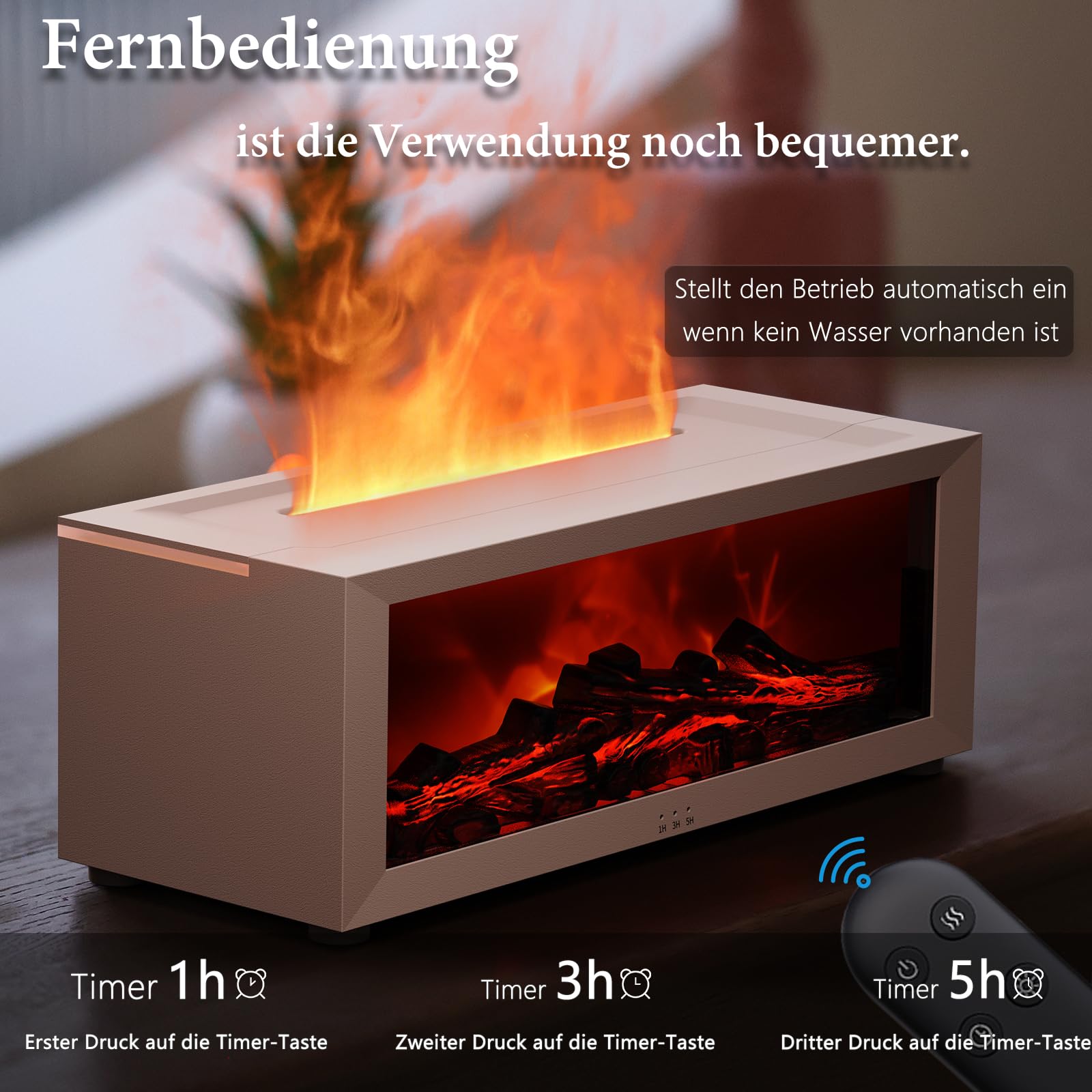 Aroma Diffusor mit LED-Kamin, Duftöl Diffusor für ätherische Öle mit 7-farbigem Lichtflammeneffekt, 150 ml Luftbefeuchter mit Fernbedienung, 4-Timer, Wasserloses Automatisches Ausschalten