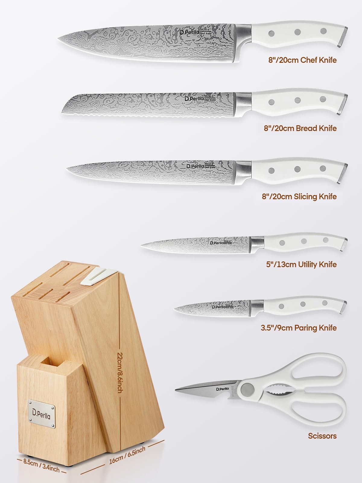 Messerblock Set, 14-teiliger selbstschärfender Messerblock mit Messer, scharfer Edelstahlmessersatz mit Kunststoffgriff und Holzblock, professionelles Küchenmesserset