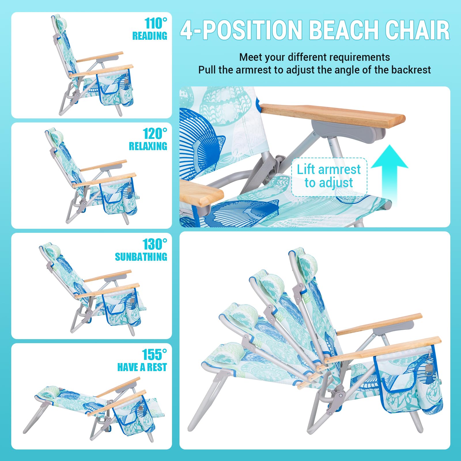 Strandstuhl klappbar Alu Hochlehner Klappstuhl 4 Position Leicht tragbar stabiler Campingstuhl