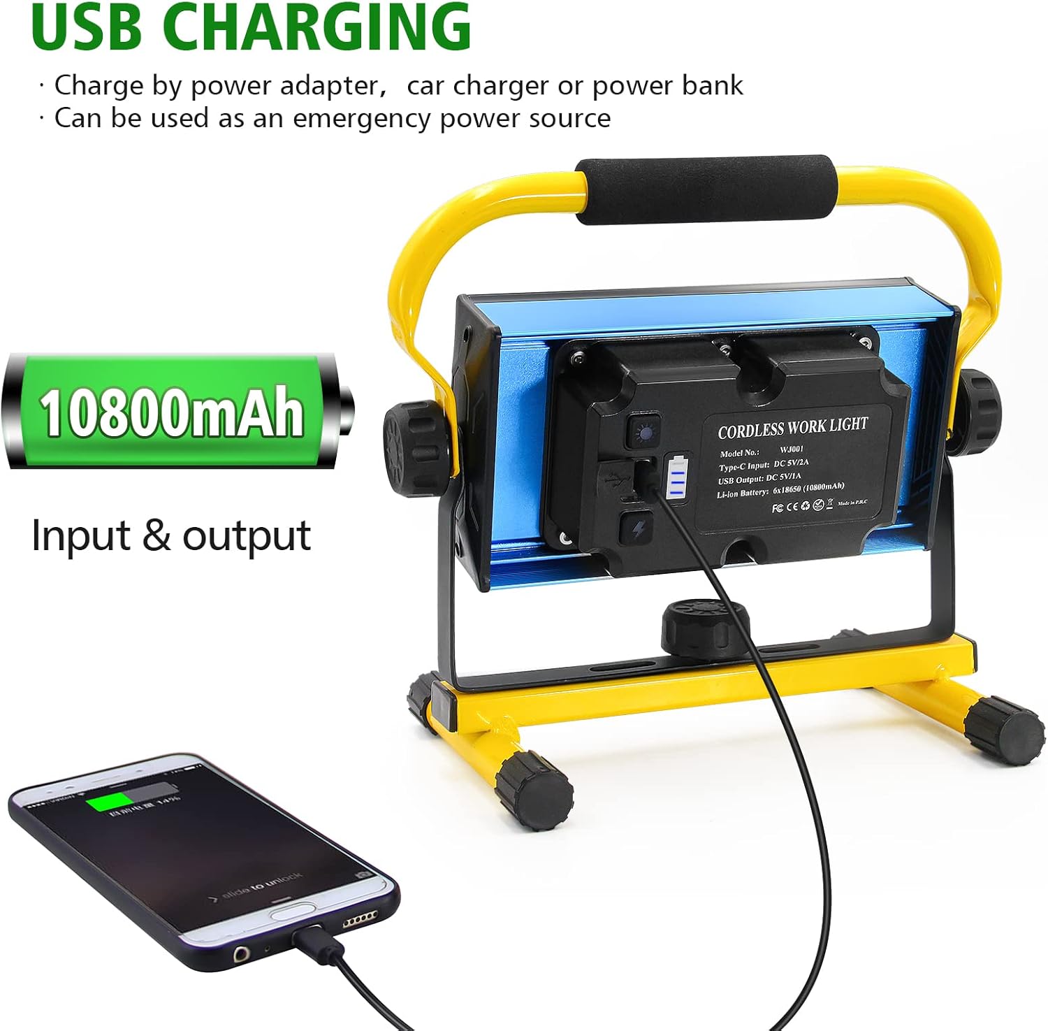 LED Baustrahler Akku, 80W 7000Lumen LED Strahler Akku Arbeitsleuchte mit 6 Modi, Tragbar Arbeitsscheinwerfer für Werkstatt Baustelle Garage Camping Außen Beleuchtung
