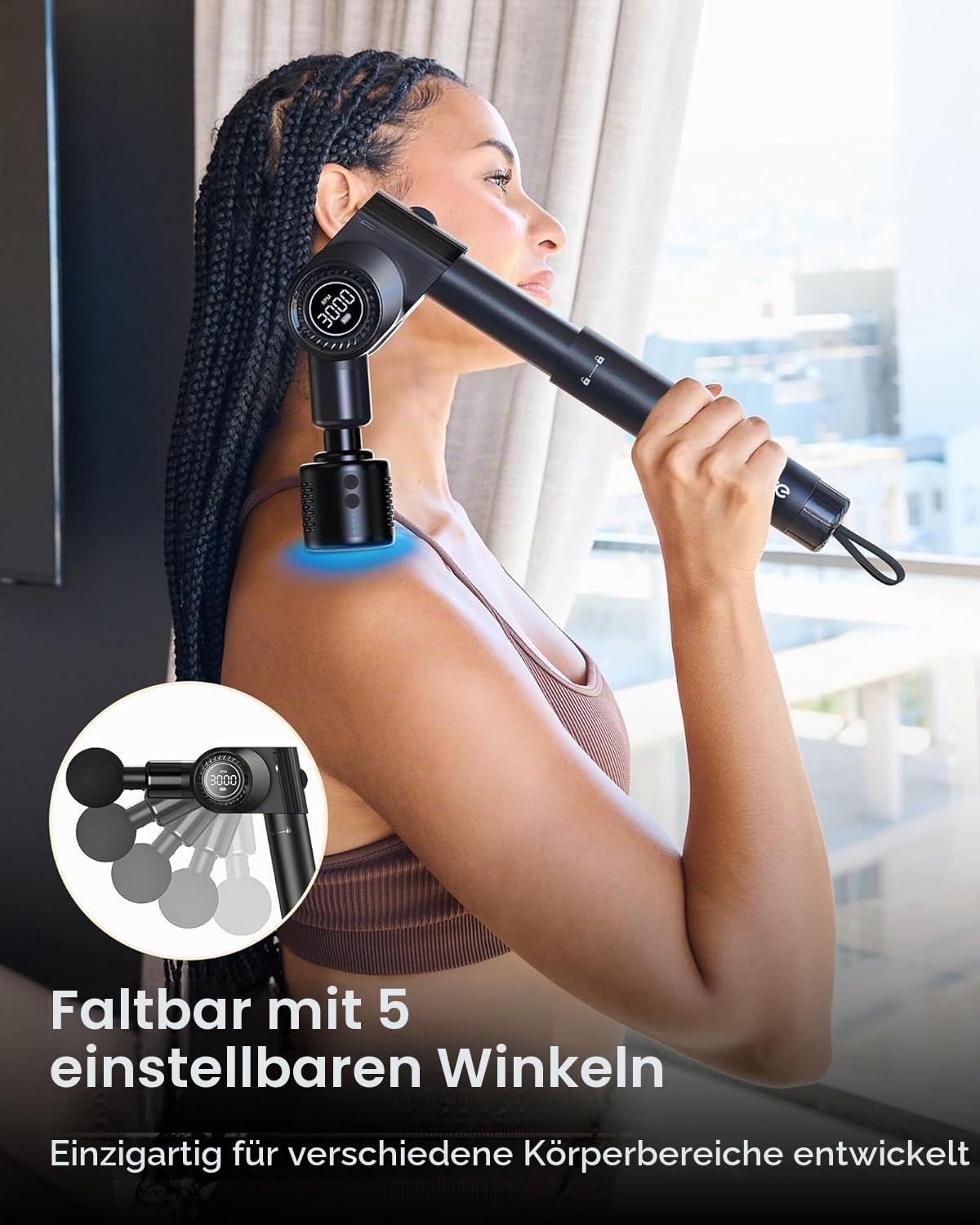 Massagepistole,Napre Faltbare Massage Pistole Massage Gun mit Verlängerungsgriff und Einstellbaren Winkeln,Muskel Percussion Massagegerät für Schulter Körper Rücken,32 Geschwindigkeiten,6 Aufsätze