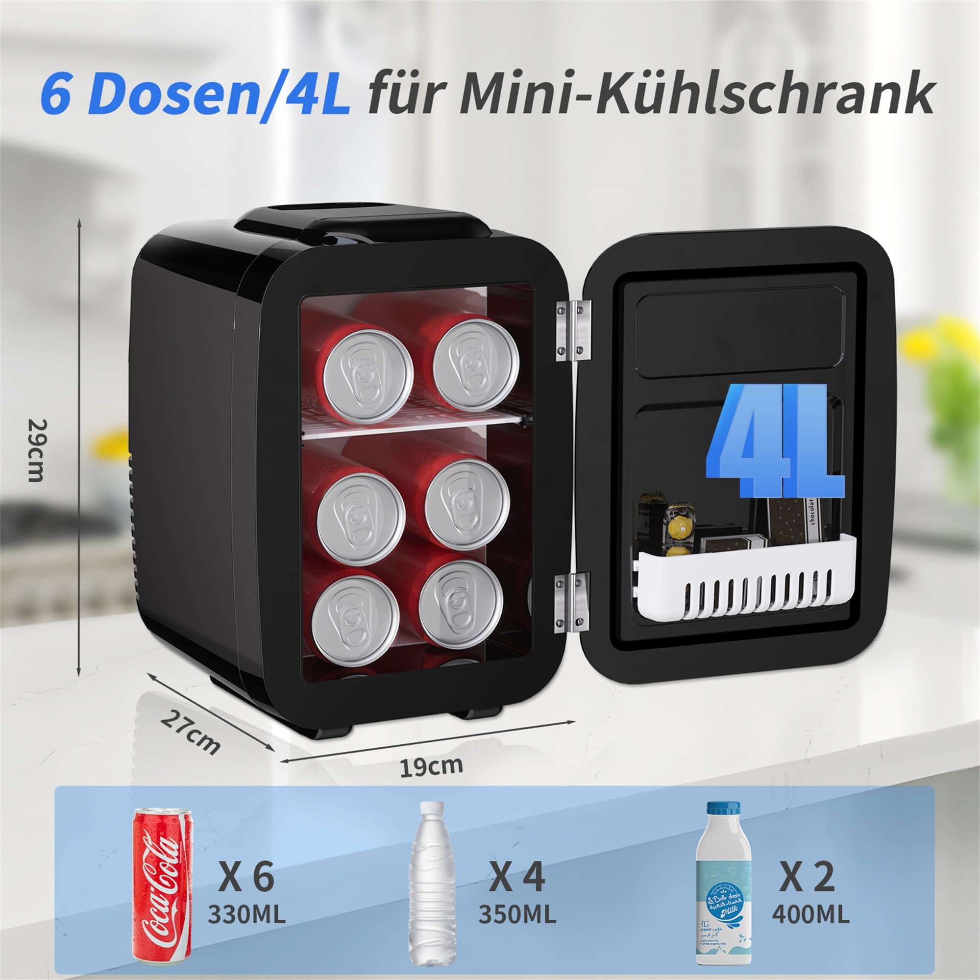 Mini Kühlschrank, 4 Liter Mini-Kühlschränke für Kosmetik, Getränke, 220V AC/ 12V DC Thermoelektrische Kühlung und Erwärmung, Kleiner Kühlschrank für Schlafzimmer, Büro, Wohnheim, Auto