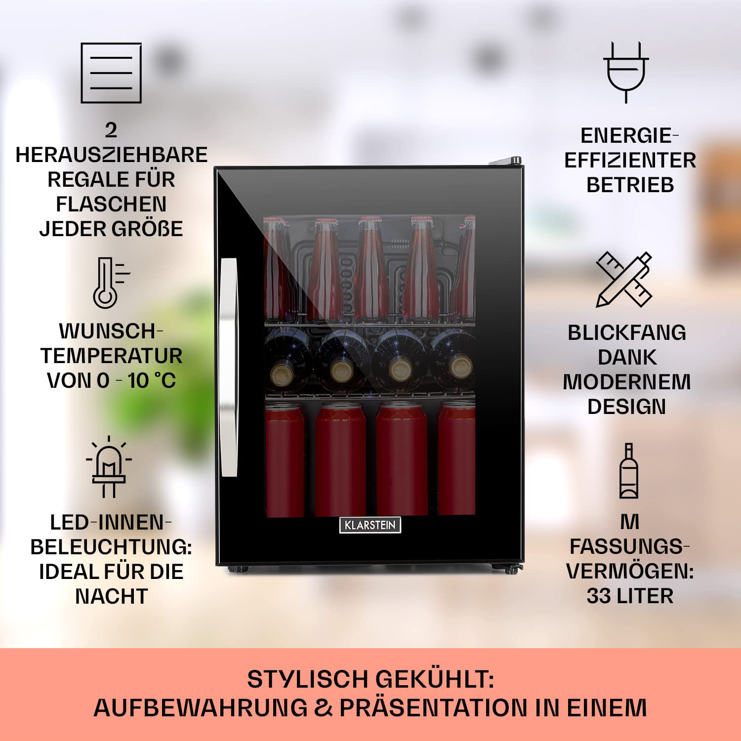 Getränkekühlschrank 33 L – Mini Kühlschrank mit Glastür, Silber-Schwarz | LED-Beleuchtung, herausnehmbare Metallablagen, leise, Flaschenkühlschrank für Getränke & Dosen