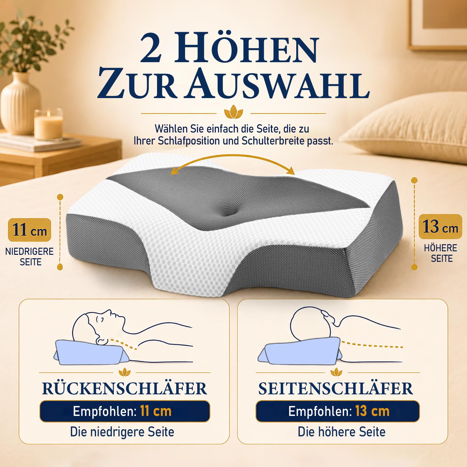 Nackenstützkissen gegen Nackenschmerzen, orthopädisches Kopfkissen, ergonomisches Memory Foam Nackenkissen mit 2 Höhen, Hohlraum & kühlendem Bezug, für Seiten- und Rückenschläfer
