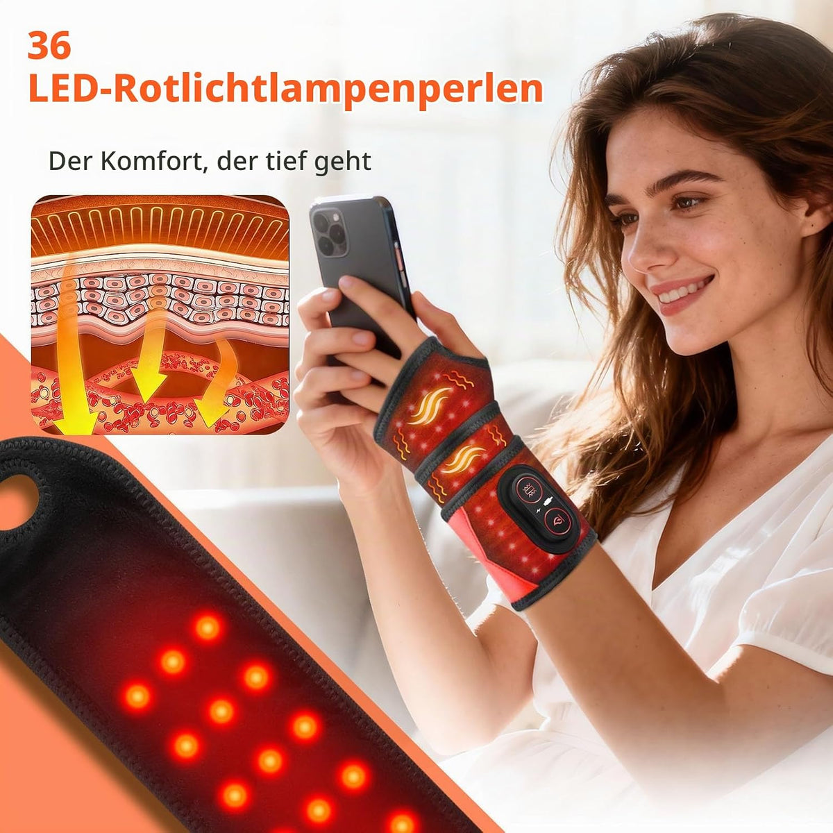 Kabellose Handgelenk-Heizbandage Mit Vibration, Tragbare Heiz-Handgelenkstütze Mit 660nm Rotem Licht, 3 Heizstufen, 3 Vibrationsmodi, Eingebauter 3000mAh-Akku, Geeignet Für Frauen Männer, 69cm Länge