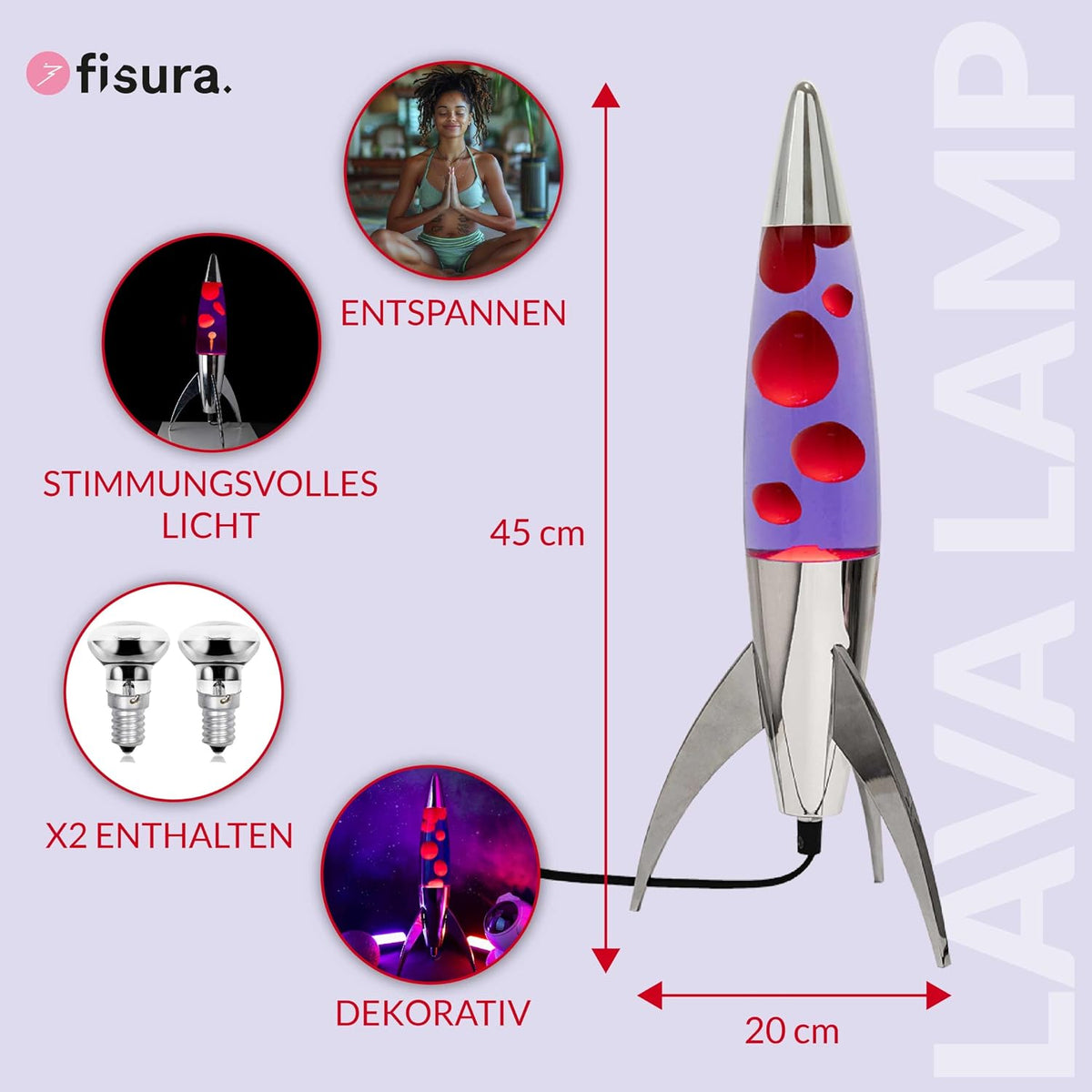 Lavalampe "Rocket" - Retro-Lavalampe mit Ersatzbirne, ideal für Wohnzimmer, Schlafzimmer und Büro. Maße: 20 x 20 x 45 cm.