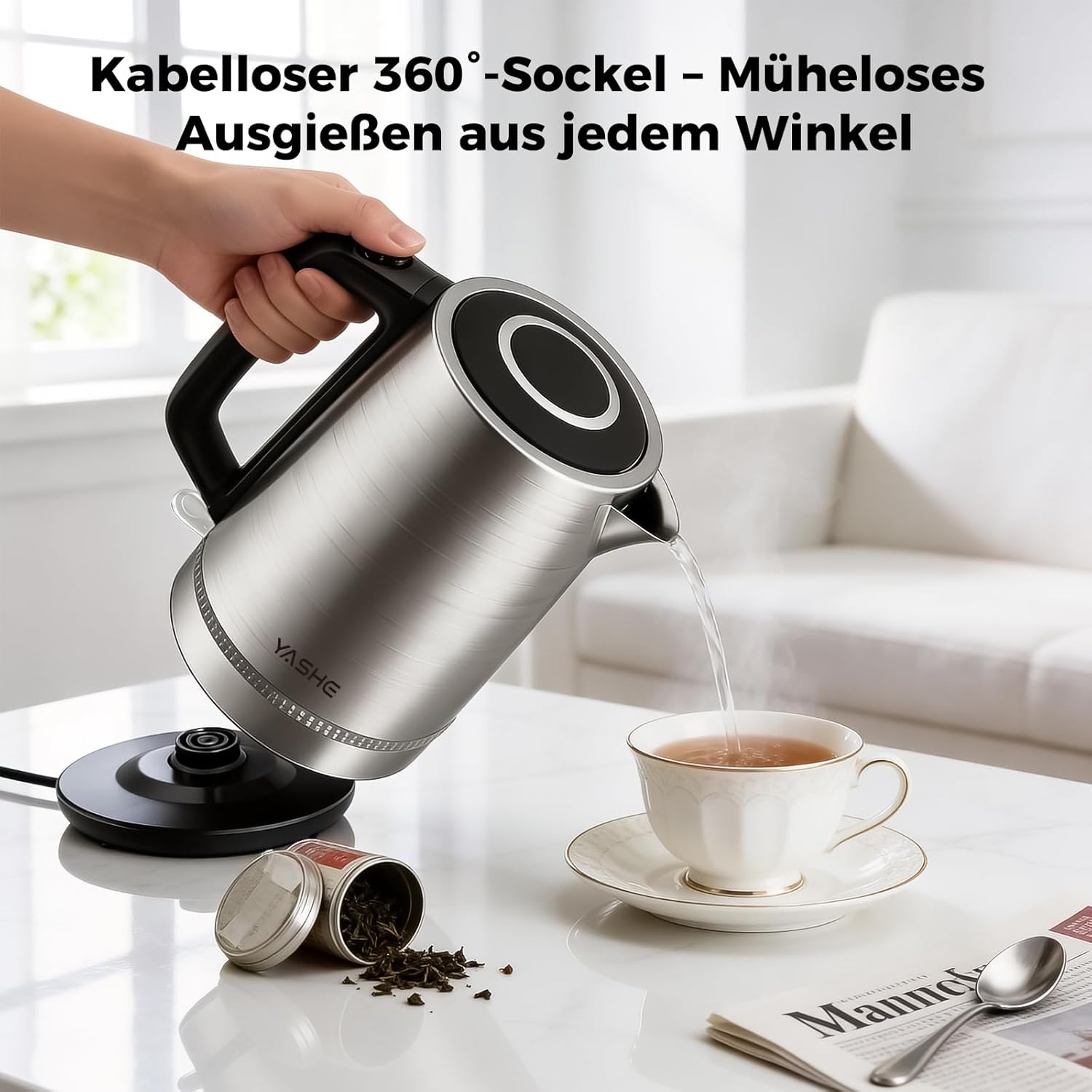 Wasserkocher mit Temperatureinstellung 1,7L 2200W Glas | 5 Temperaturstufen, 5 Farben LED, 30 Min Warmhaltefunktion, Kabellos, Kalkfilter, Abschaltautomatik