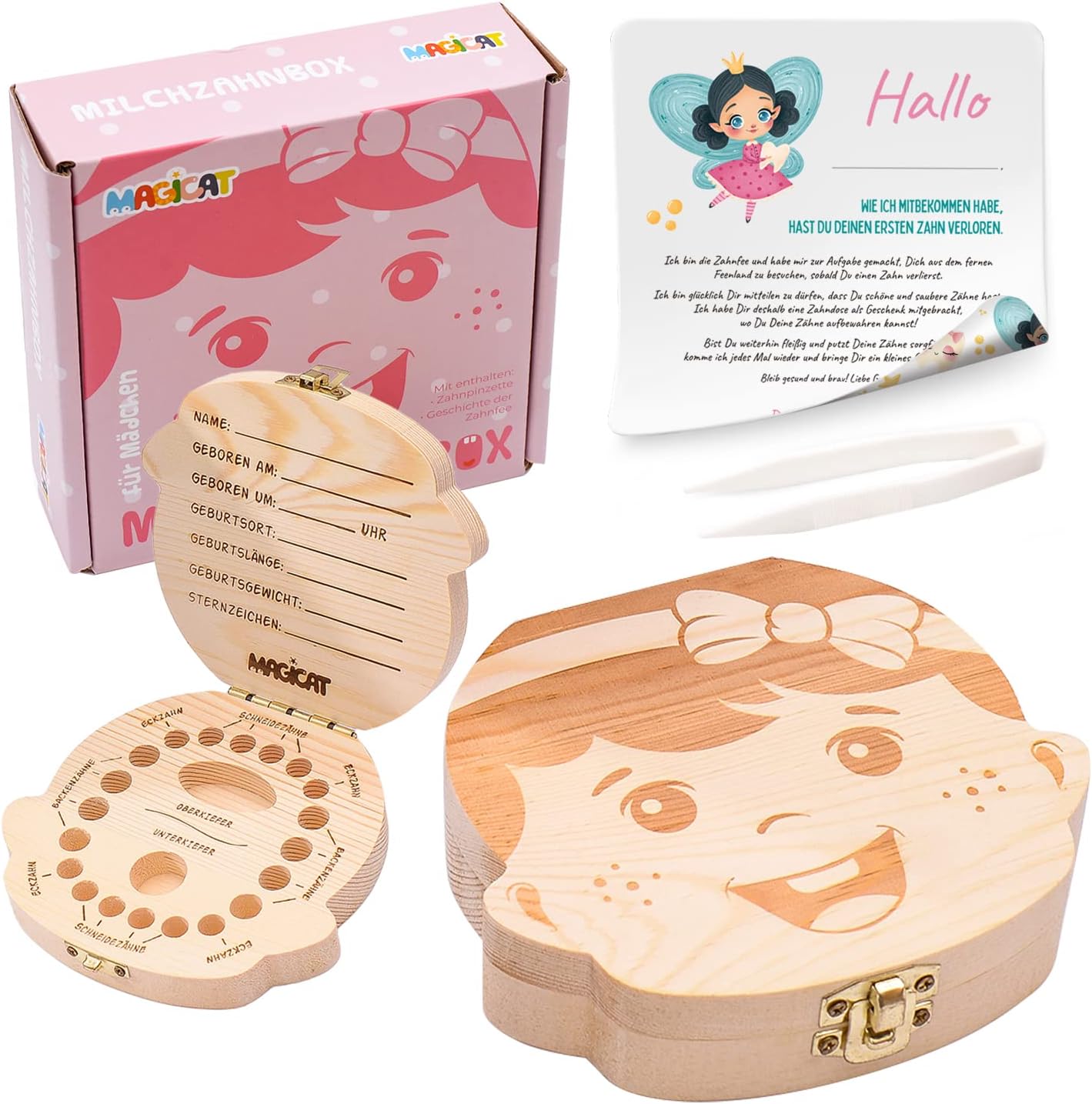 Milchzahndose Mädchen, Zahndose aus Holz, Dose zur Aufbewahrung von Milchzähnen, Baby Milchzähne Box als Geschenk zum Geburtstag oder Taufe, inkl. Pinzette und Zahnfee Geschichte
