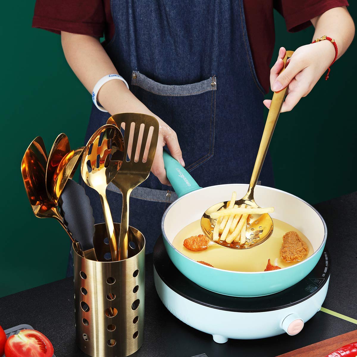 Goldfarbenes Kochutensilien Set, Edelstahl 13 Stück Küchenutensilien Set mit Titanbeschichtung, Küchenutensilien Set mit Utensilienhalter, Geschirrspüler-sicher, leicht zu reinigen