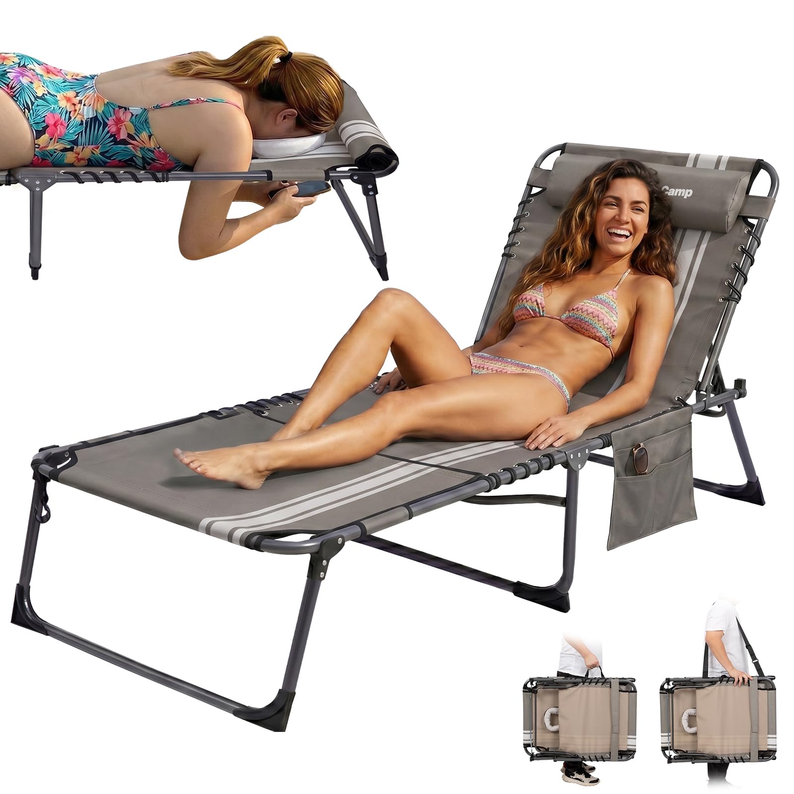 Sonnenliege Klappbar 5-Verstellbare, bis 180 kg, 2er Set, Blau | Gartenliege Klappbar, mit Kopfstütze & Seitentasche, Sonnenliege Wetterfest, Strandliege für Garten Terrasse Pool Camping