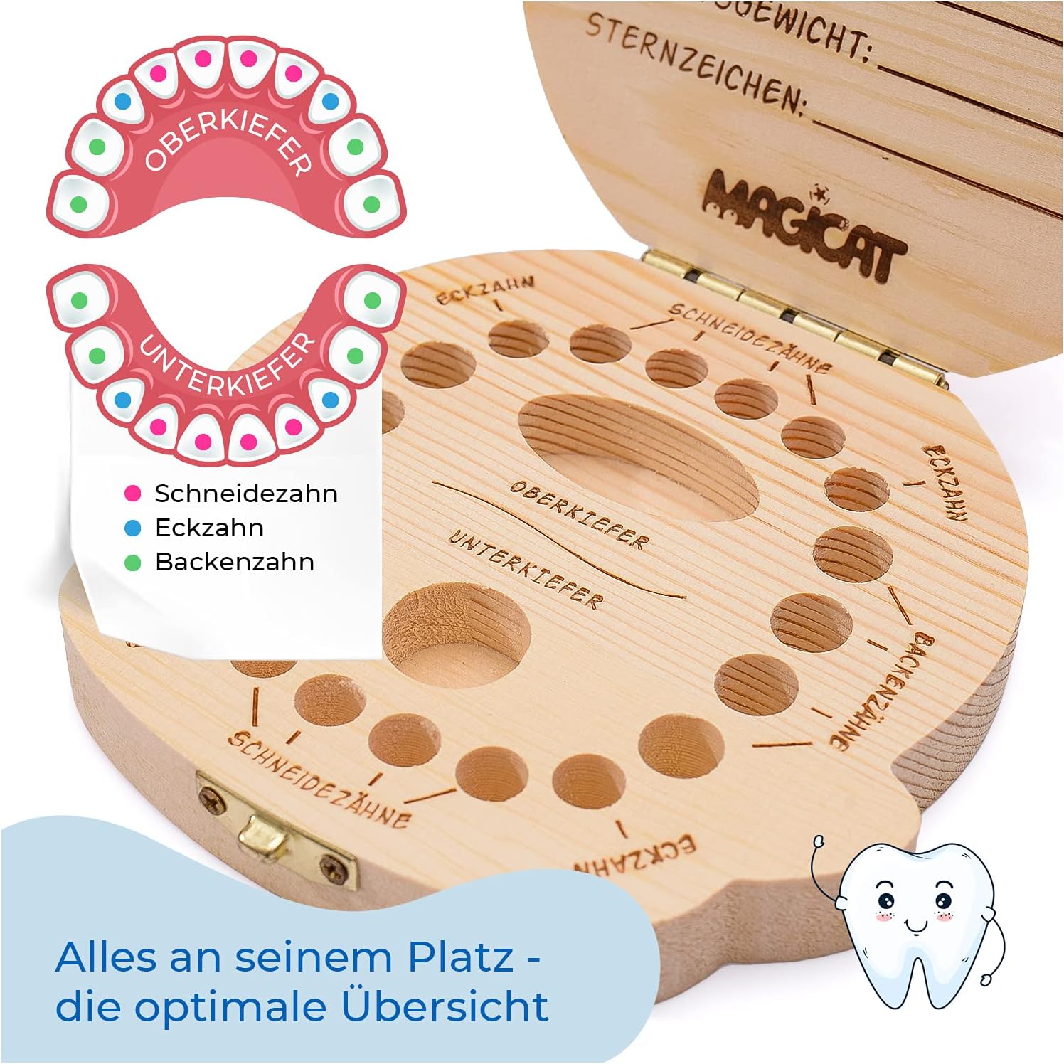 Milchzahndose Jungen, Zahndose aus Holz, Dose zur Aufbewahrung von Milchzähnen, Baby Milchzähne Box als Geschenk zum Geburtstag oder Taufe, inkl. Pinzette und Zahnfee Geschichte