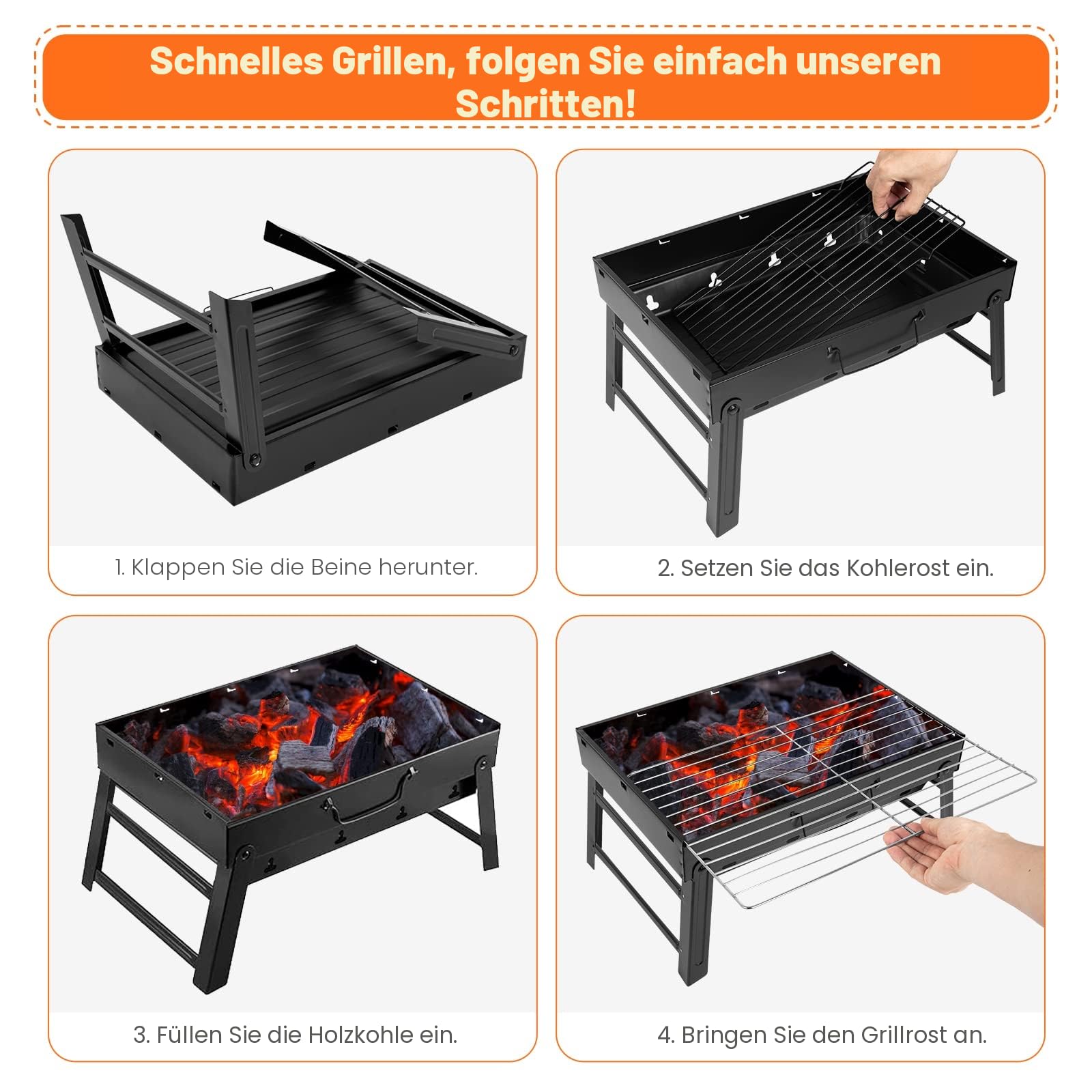Holzkohlegrill Picknickgrill Edelstahl Kleiner Grill Portabler Campinggrill Abnehmbare BBQ Grills für Outdoor Garten Party