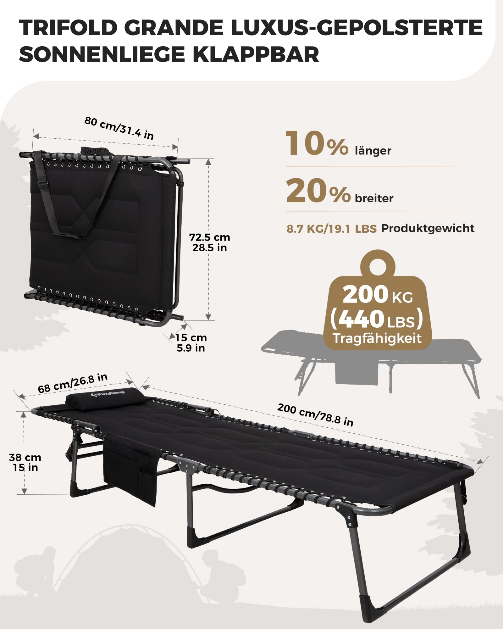 Sonnenliege Klappbar 5-Verstellbare, bis 180 kg, 2er Set, Blau | Gartenliege Klappbar, mit Kopfstütze & Seitentasche, Sonnenliege Wetterfest, Strandliege für Garten Terrasse Pool Camping
