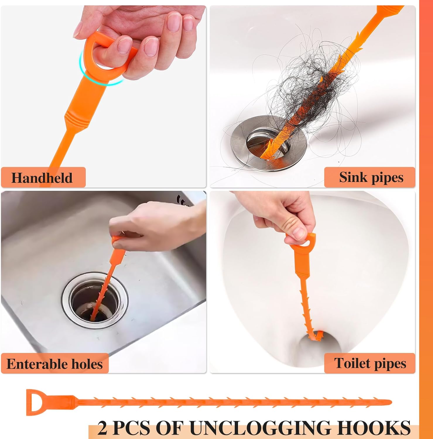 Abflussreiniger Spirale,Doppelkopf-Rohrreinigungsbürste Edelstahl-Kanalreiniger,Abflussreiniger Sticks, Abfluss Bürste,Flexible Reinigungsbürste für den Abfluss in Küche und Dusche