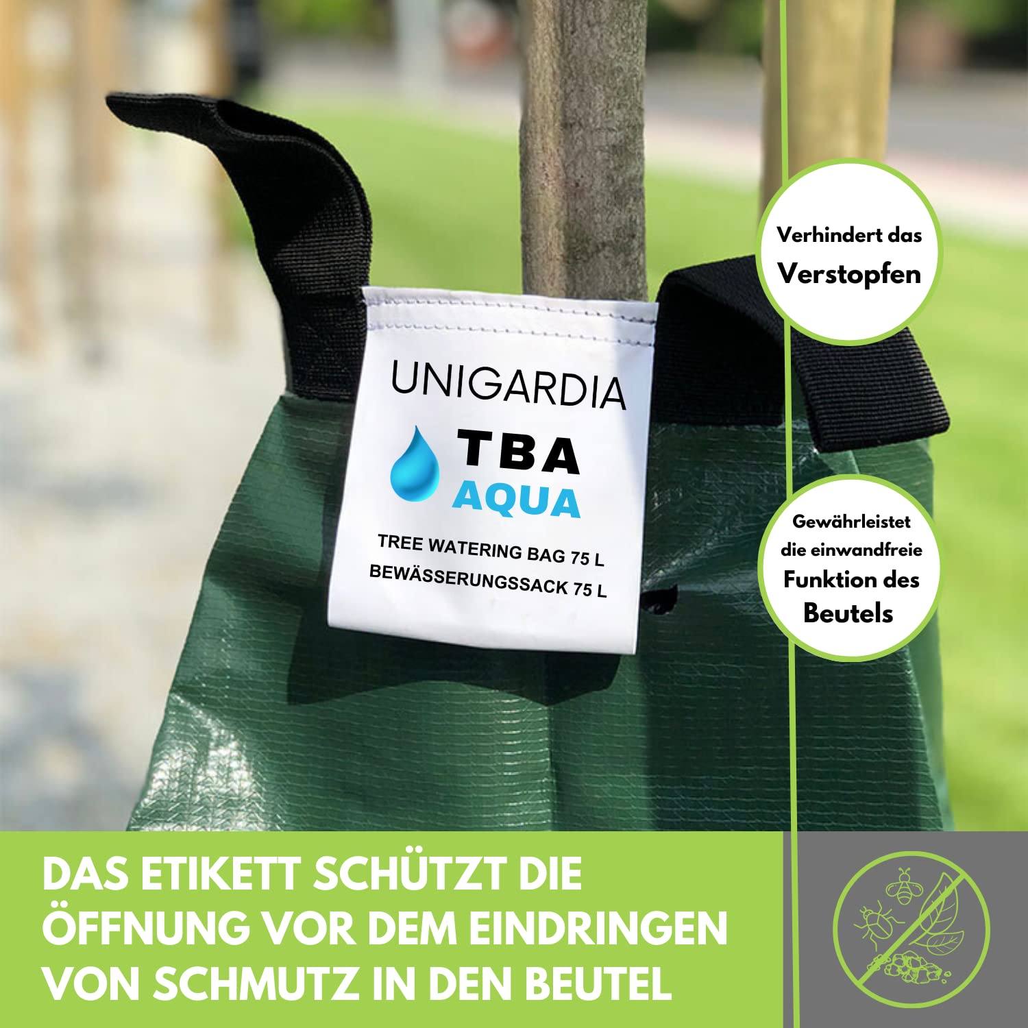 Baumbewässerungssack 75 L - Verbinden Sie mehrere Bewässerungsbeutel miteinander - Bewässerungssack mit Schutzetikett - Baumbeutel aus robustem und UV-beständigem PVC