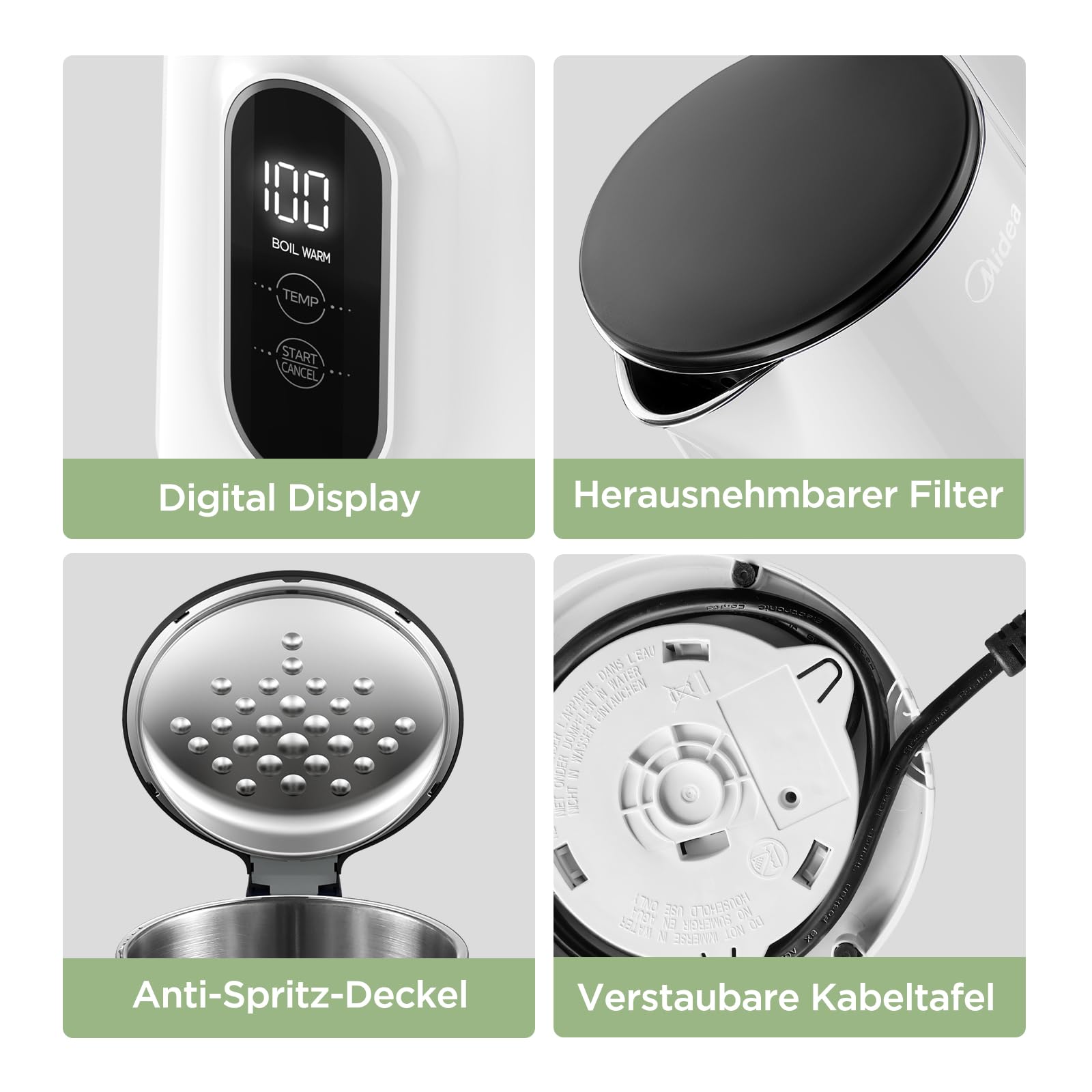 Edelstahl-Kessel mit Temperatureinstellung, 45°C - 100°C, 1,5 Liter, 2200 W Wasserkocher weiß, Teebereiter mit Temperaturanzeige und Sicherheitsfunktionen, BPA-frei, Doppelwanddesign