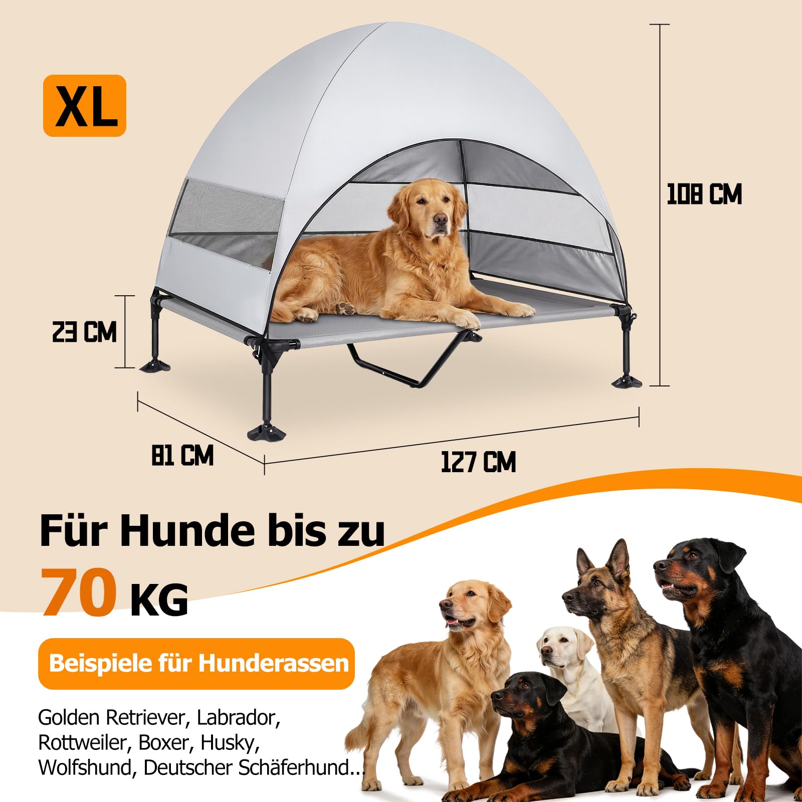 Erhöhtes Hundebett Outdoor mit UV-beständiges Dach，Hundeliege Klappbar mit Anti-Rutsch-Füßen, Hundezelt Outdoor mit Großem Schatten, Kühlendes ErhöHtes Hunde Bett für Camping, Garten & Pool (Grau, L)
