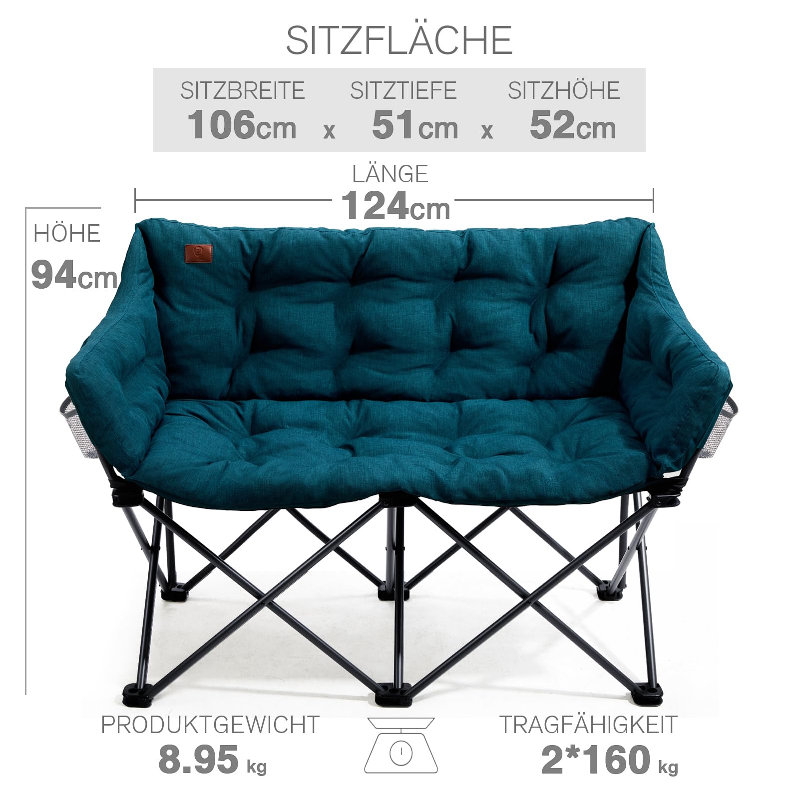 Campingstuhl Faltbar 124CM Breit Campingsofa für 2 Personen Faltsofa 320KG Belastbar, Campingcouch Dick Gepolstert Klappstuhl XXL 2 Sitzer Hohe Lehne für Outdoor Garten Balkon Indoor