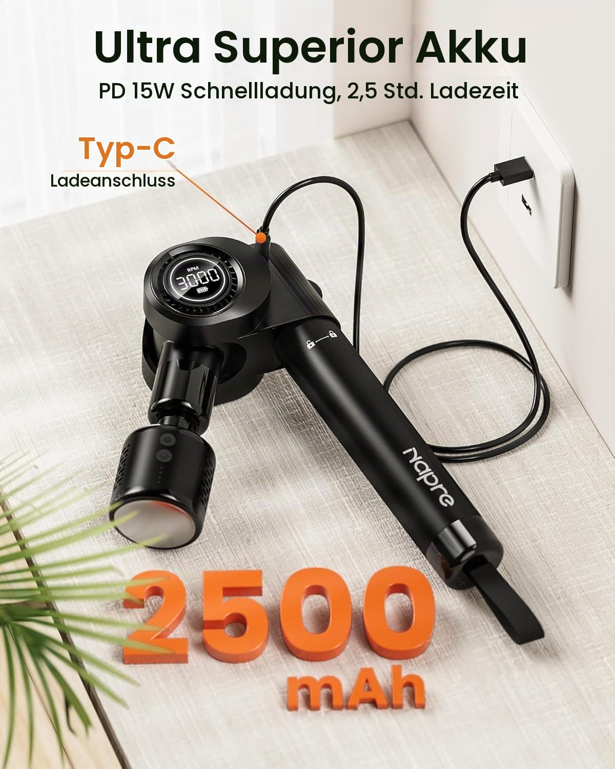 Massagepistole,Napre Faltbare Massage Pistole Massage Gun mit Verlängerungsgriff und Einstellbaren Winkeln,Muskel Percussion Massagegerät für Schulter Körper Rücken,32 Geschwindigkeiten,6 Aufsätze