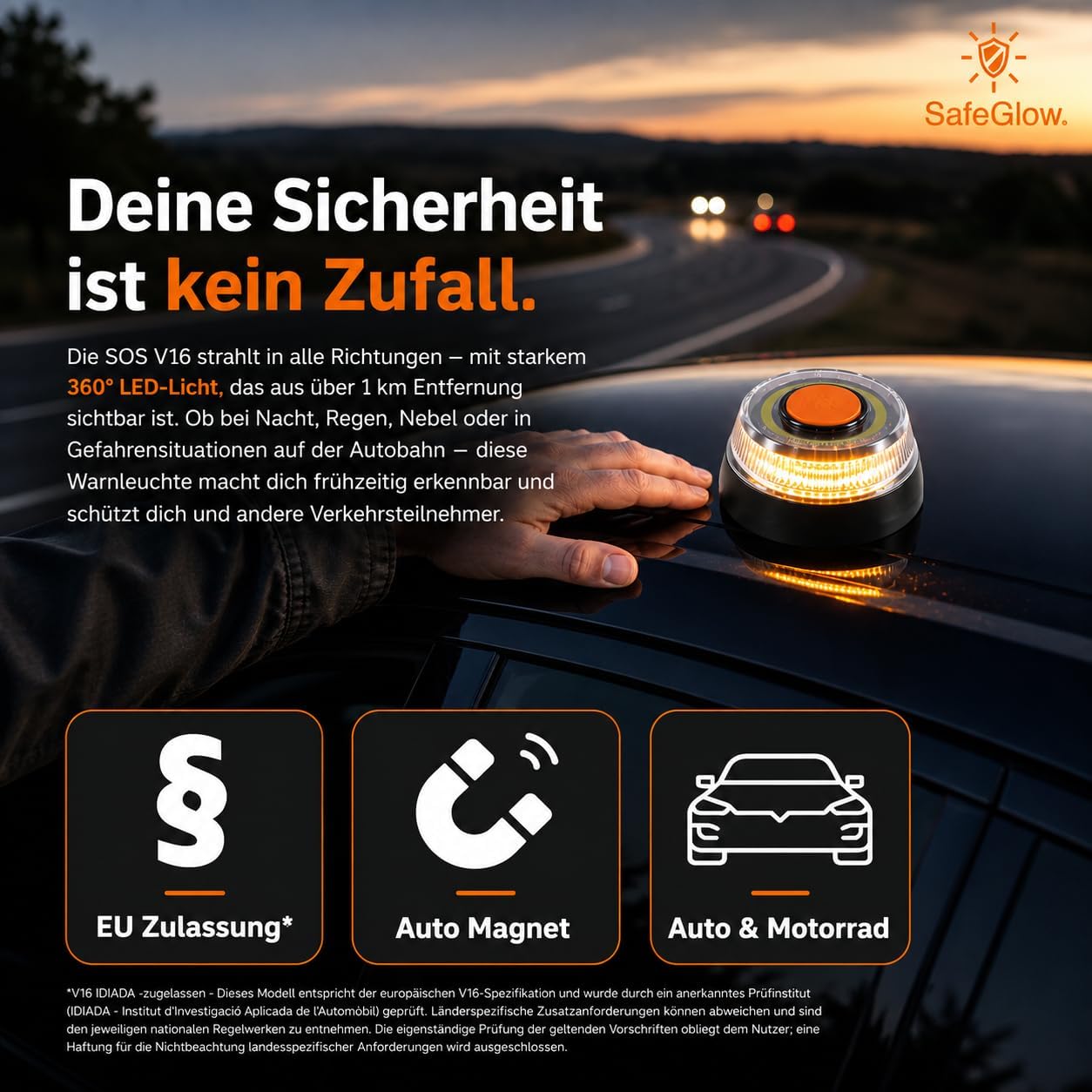 Warnleuchte V16 Notlicht 2026 IDIADA Zulassung Nr. PC21020060 - Warndreieck - Pannendreieck - EU Zulassung - für Auto & Motorrad
