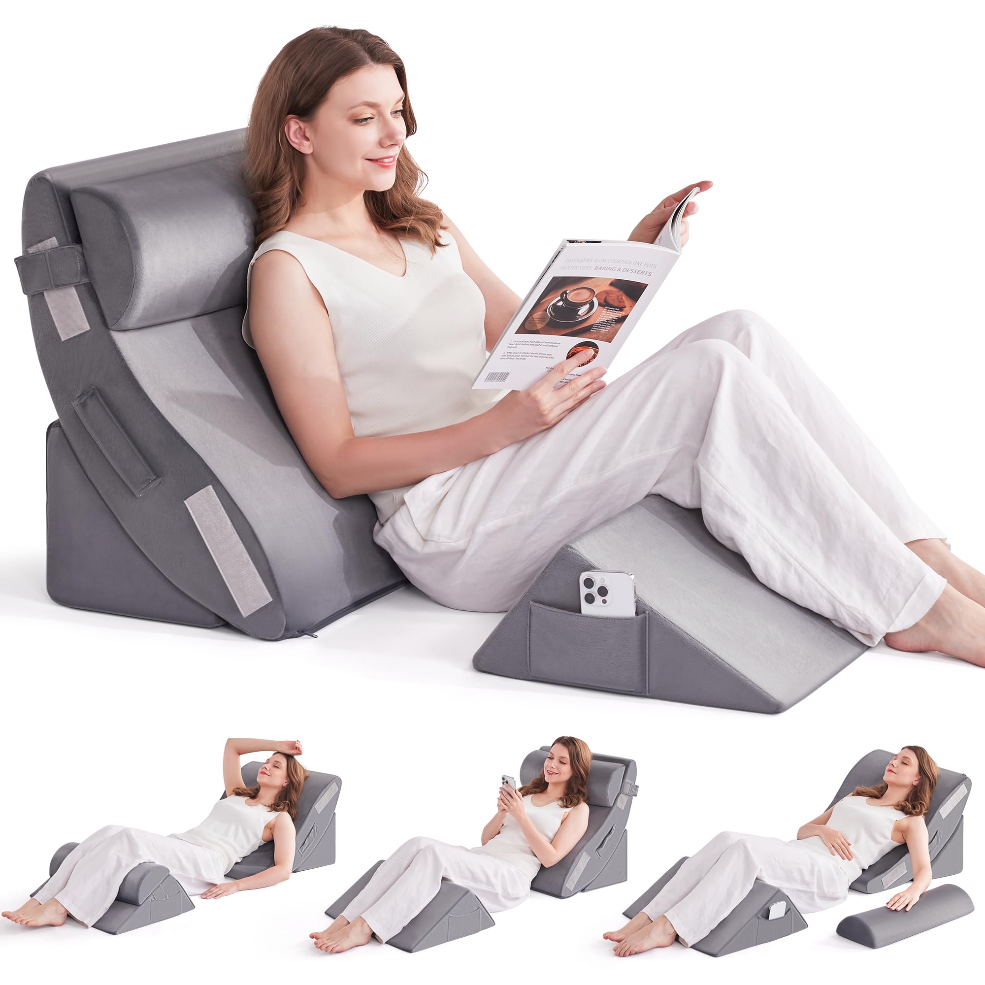 Orthopädische Bett Keil Kissen Set für das Schlafen, Post Chirurgie Schaum Kissen für Körper, Rücken und Beine Schmerzlinderung, Dreieck justierbare Stützkissen mit Säure Reflux Schlafkissen Weiß