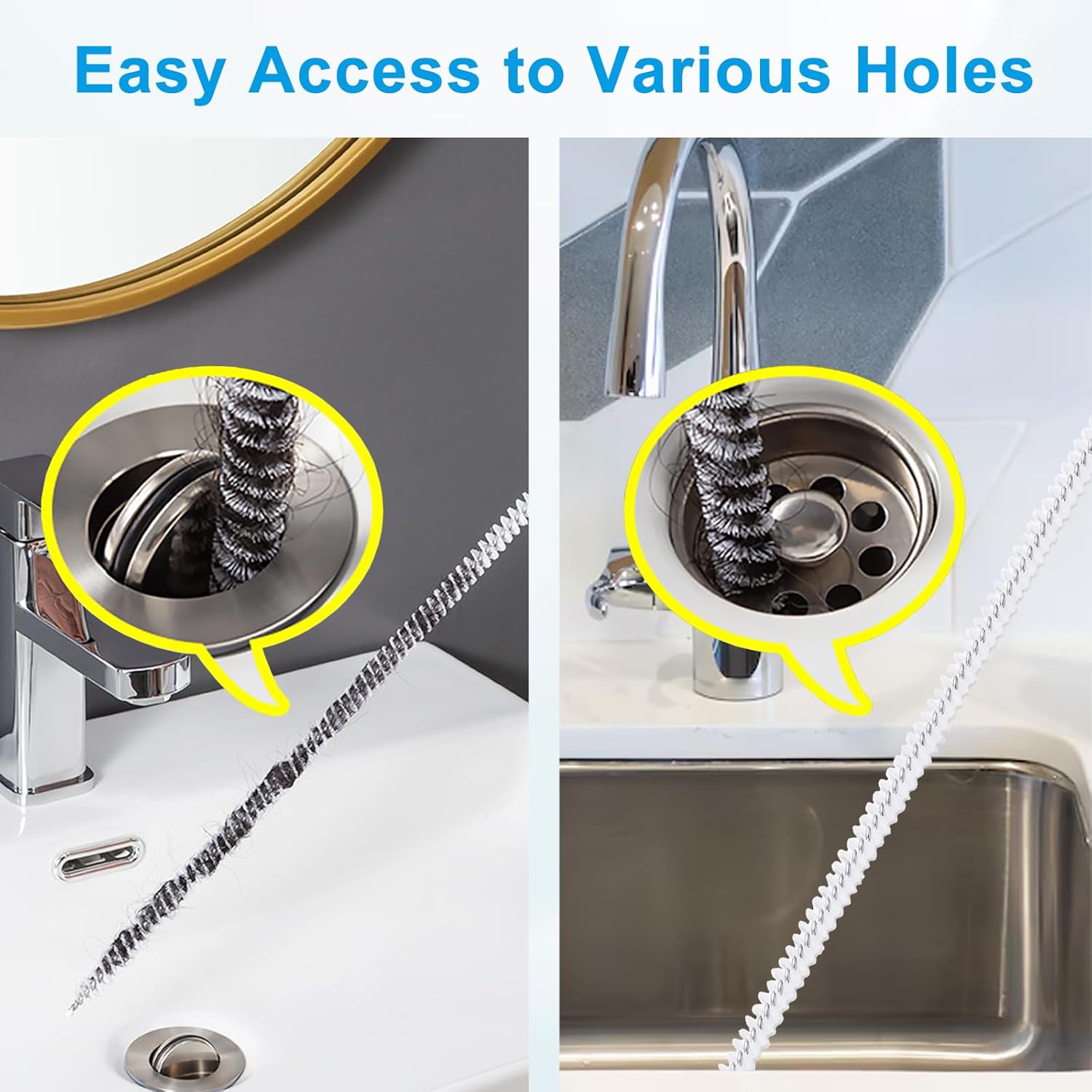 Abflussreiniger Spirale,Doppelkopf-Rohrreinigungsbürste Edelstahl-Kanalreiniger,Abflussreiniger Sticks, Abfluss Bürste,Flexible Reinigungsbürste für den Abfluss in Küche und Dusche