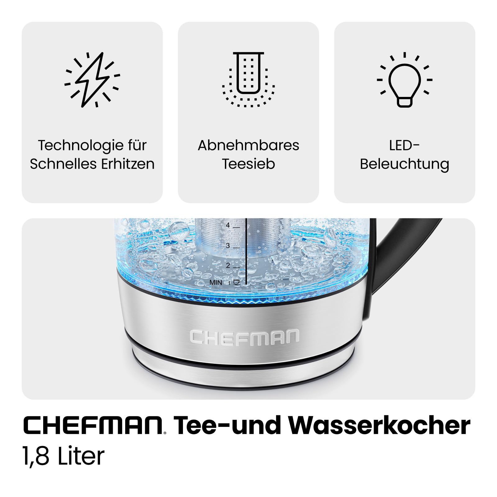 Elektrischer Wasserkocher Glas mit Teesieb, 1.8 Liter, LED-Anzeige / BPA-Frei, 2200 Watt, Edelstahl