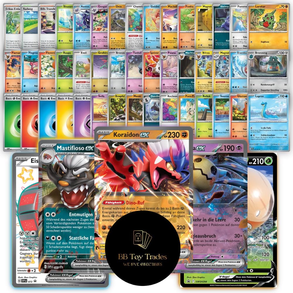 50 x Pokemon Karten + seltene GX EX oder V Karte Starter Pack mit Trainern & Energie - deutsche Sammelkarten Kartenpack