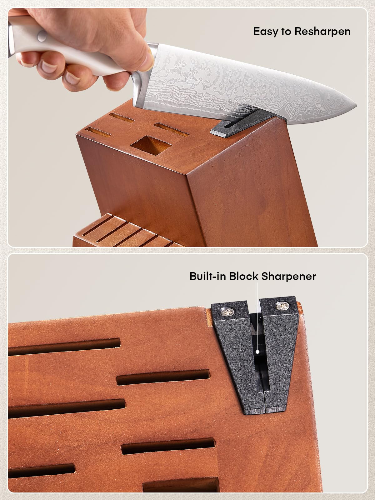 Messerblock Set, 14-teiliger selbstschärfender Messerblock mit Messer, scharfer Edelstahlmessersatz mit Kunststoffgriff und Holzblock, professionelles Küchenmesserset