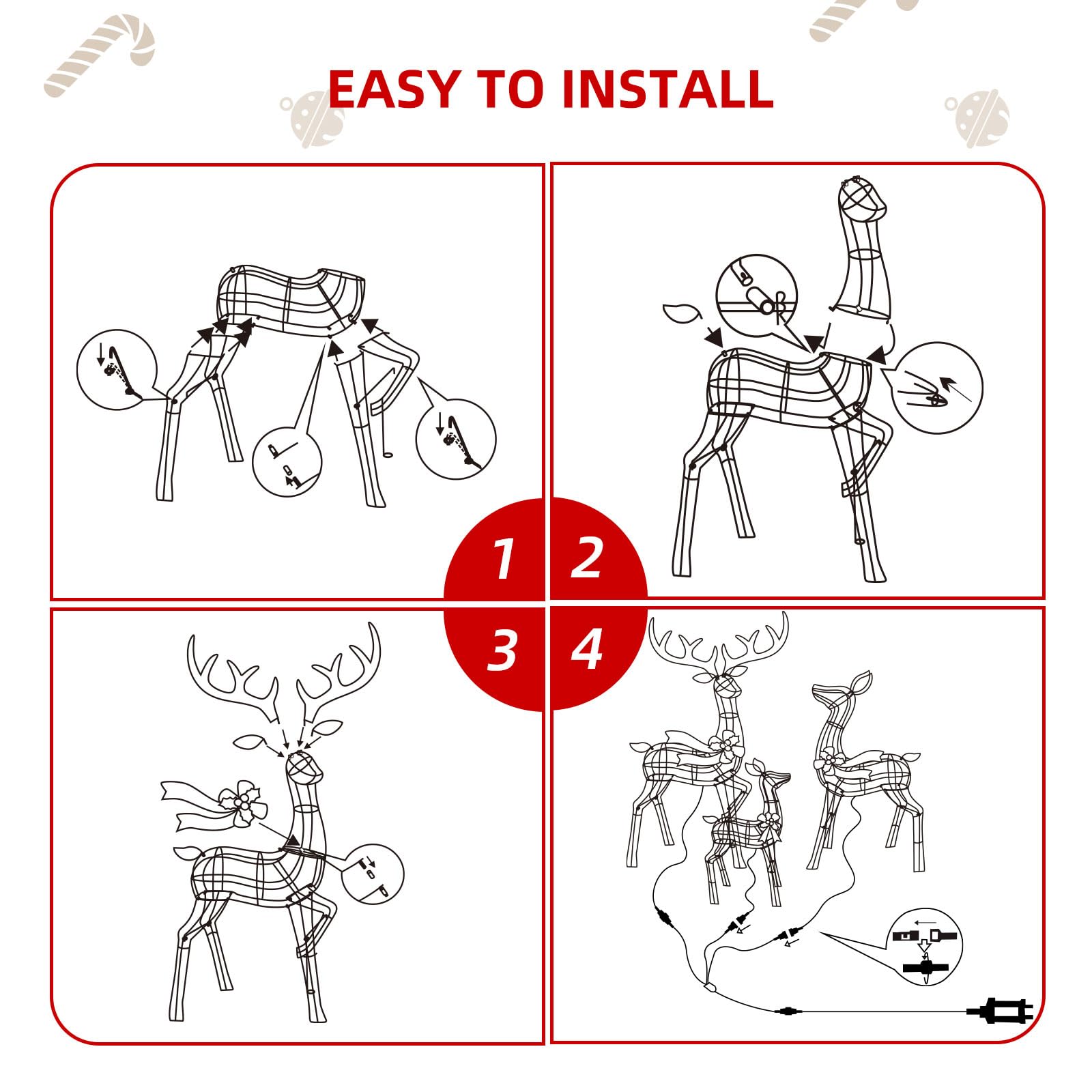 Beleuchtete Weihnachtsdekoration Deer 3 Stücke, Beleuchtete Weihnachtsdekoration Reindeer Familienset für Indoor Outdoor Vorderveranda mit LED, Stecker, Verlängerungskabel, Bodenpfähle, Gold