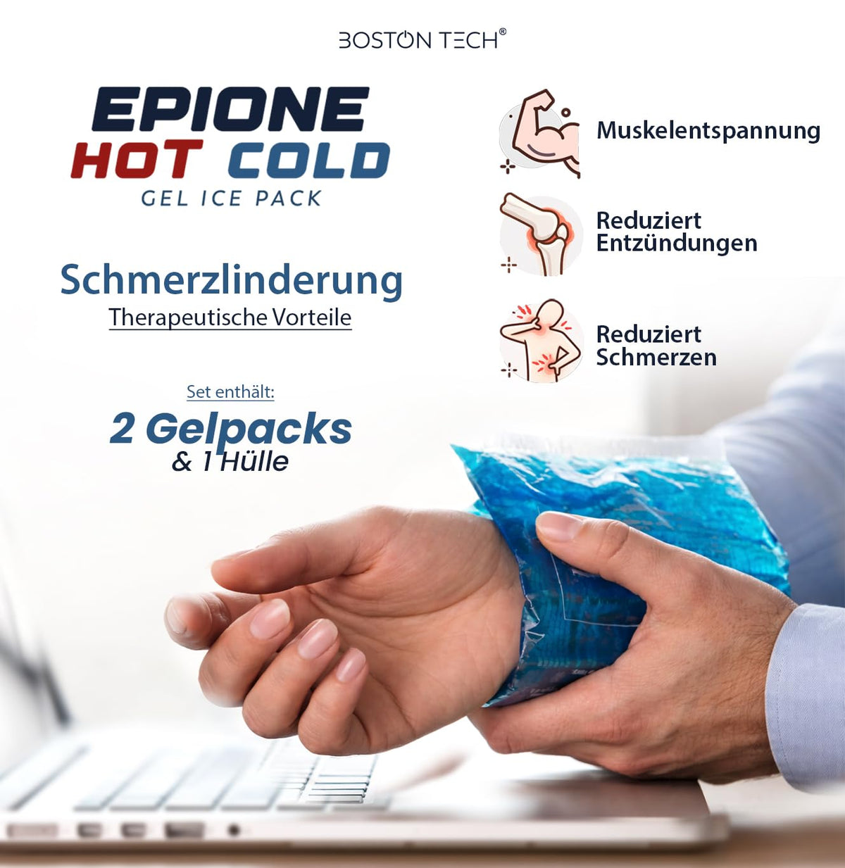 Kühlpads Epione 3XL Gelkissen kalt/warm – mit elastischem Gurt und Stoffhülle – wiederverwendbar zur Schmerzlinderung bei Muskel‑ und Gelenkschmerzen, Verletzungen und Physiotherapie