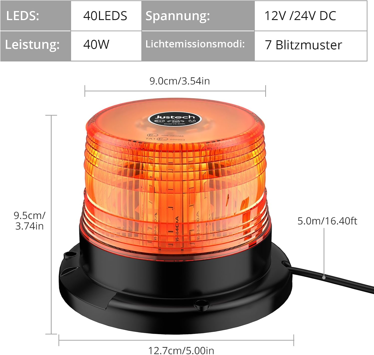 Warnleuchte Rundumleuchte 360° Gelb Blitzleuchte 7 modus mit 5m Netzkabel Doppelter Schraube 12V / 24V Warnlicht mit Magnetfuß Notfallblinklampe Magnet Transparent für Auto LKW usw