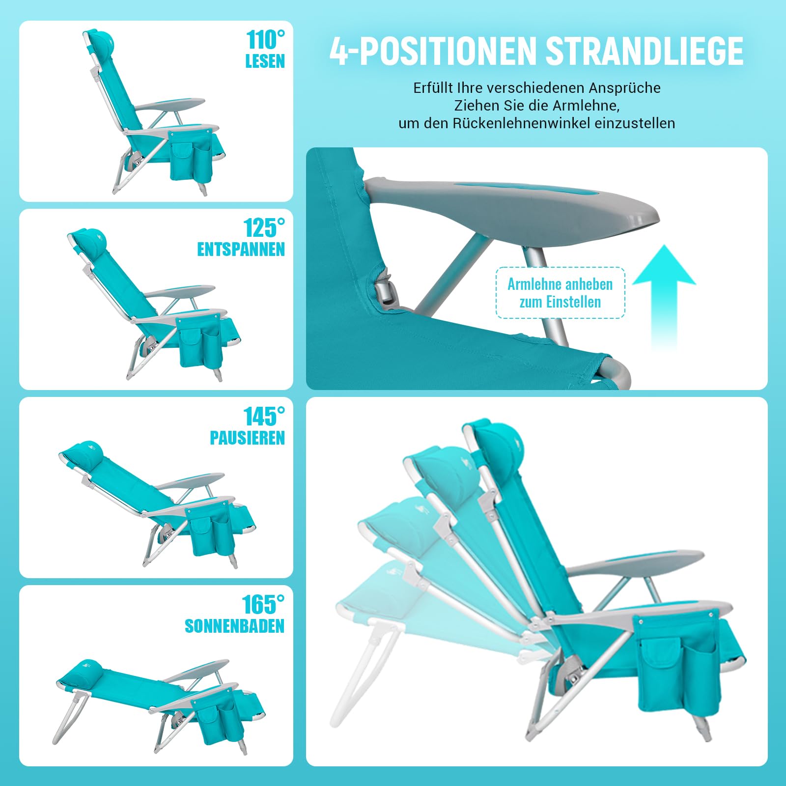 Strandstuhl klappbar Alu Hochlehner Klappstuhl 4 Position Leicht tragbar stabiler Campingstuhl