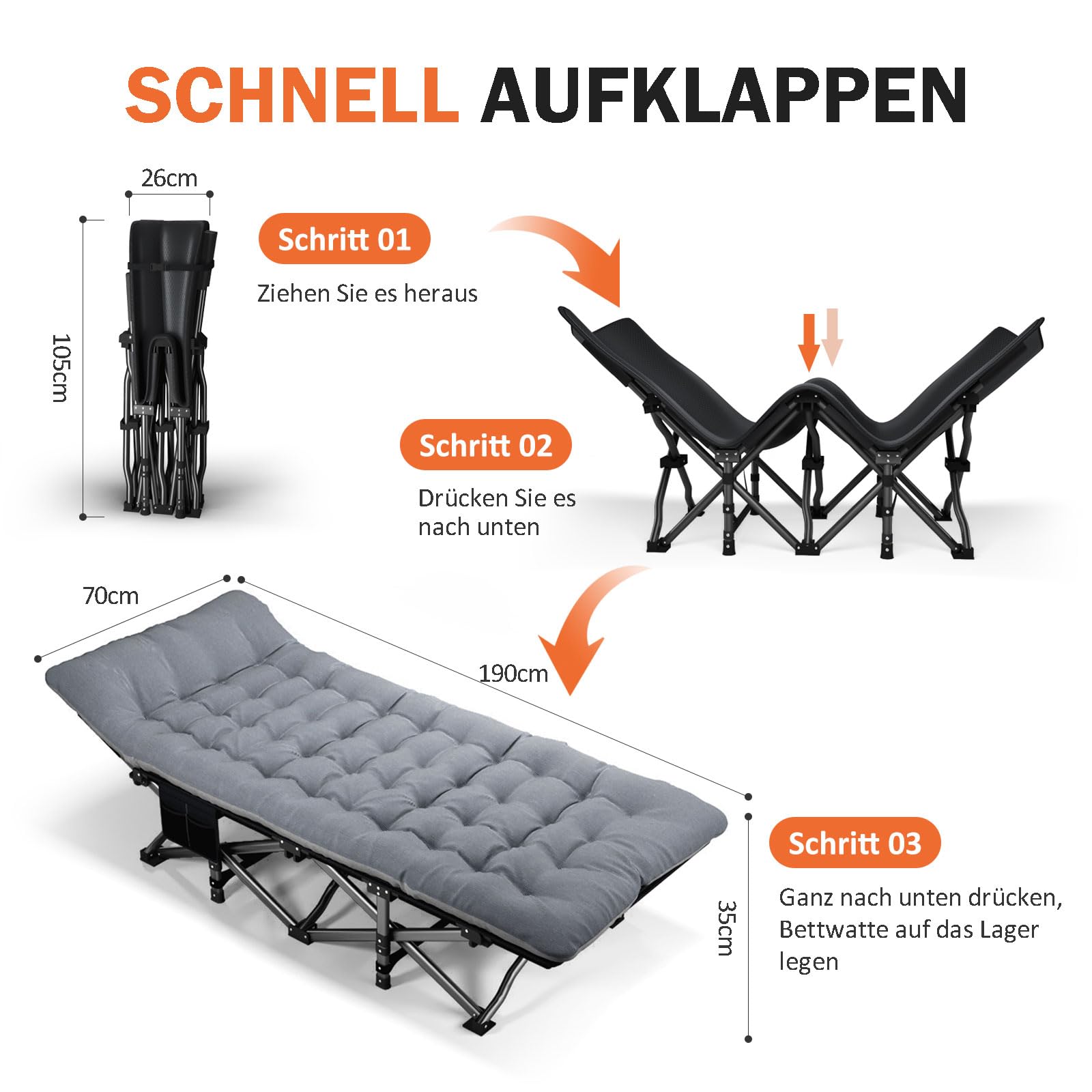 Camping Bett - Feldbett - Gästebett bis 200 kg mit Seitentasche, Portable Camping Lounge, Outdoor, Garten, Reisen, Camping, Indoor