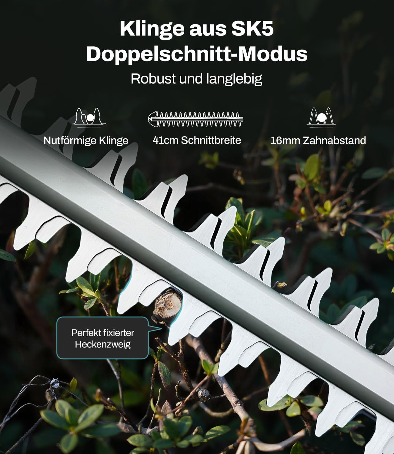 Akku Teleskop-Heckenschere kompatibel mit Makita 18V-Akkus, Schnittbreite 41 cm, Zinkenabstand 16 mm, Höhe bis 262 cm, 11-Fach winkelverstellbarer Schneidkopf