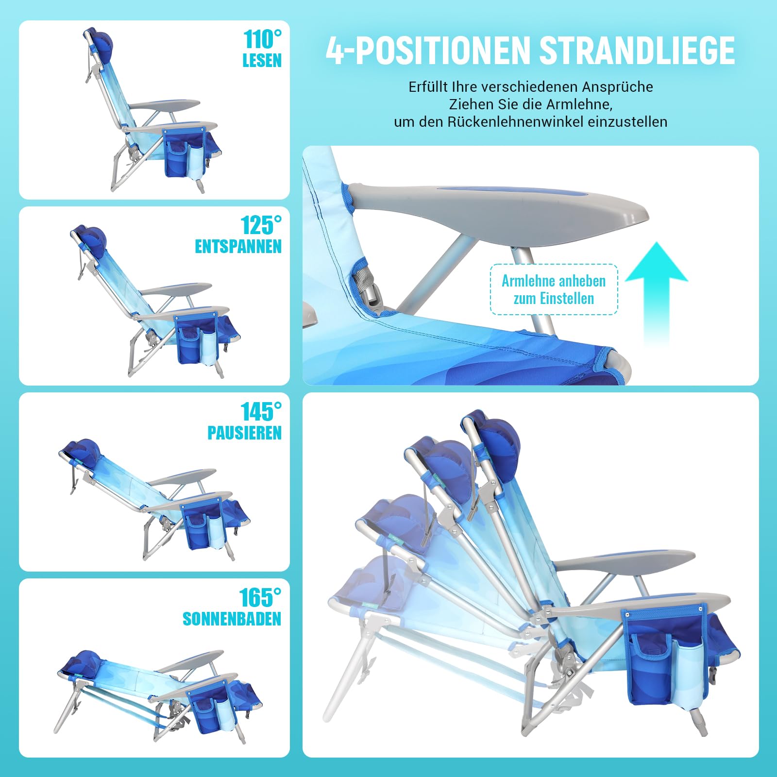 Strandstuhl klappbar Alu Hochlehner Klappstuhl 4 Position Leicht tragbar stabiler Campingstuhl