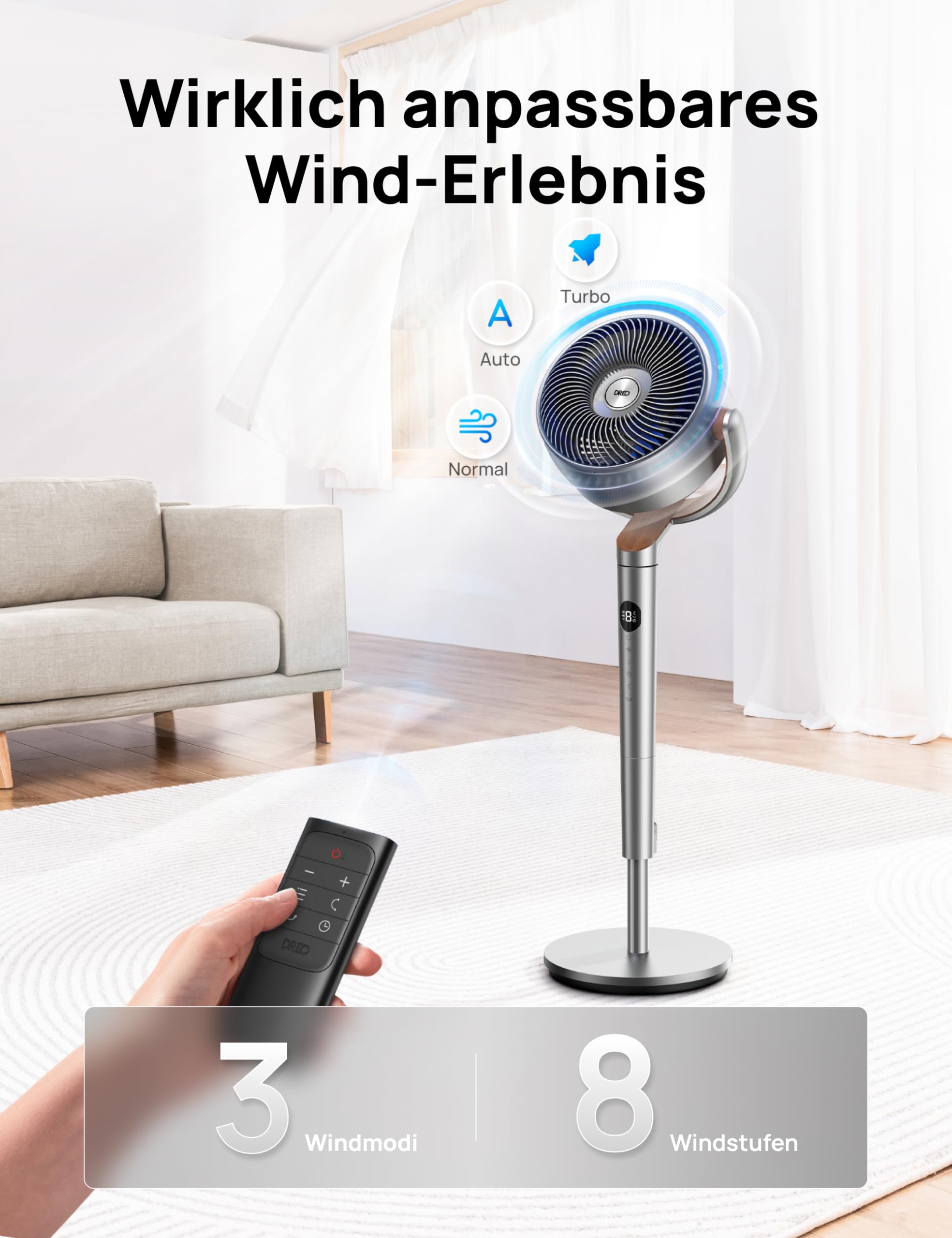 Starker Standventilator Smart mit RGB Light, 120° +120° Oszillierender Ventilator mit Fernbedienung, 20dB Leiser Bodenventilator / Turmventilator für Schlafzimmer, 8H Timer, Silber