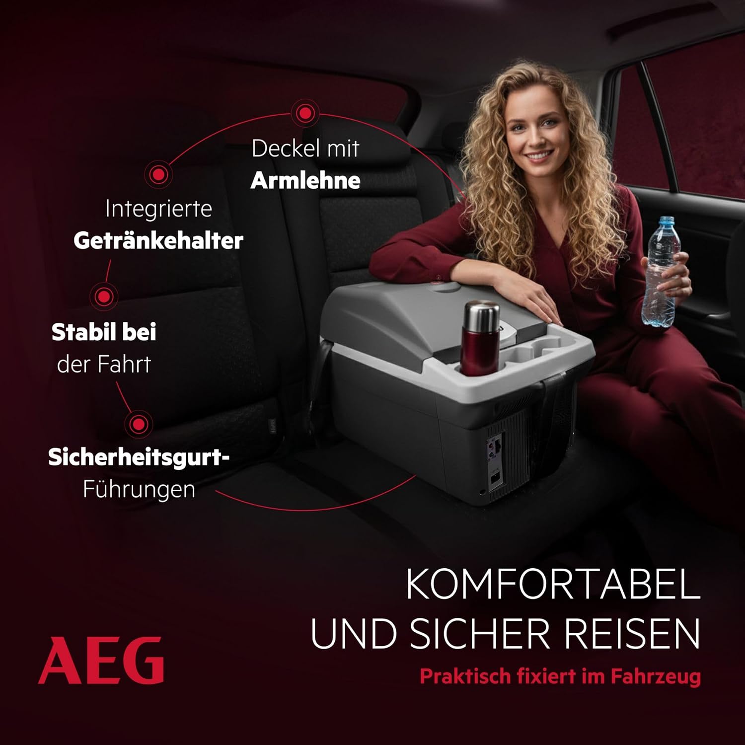 AEG Automotive Board-Bar BK 16 Thermoelektrische Kühl- und Warmhaltebox 16 Liter, 12 Volt für Auto und Steckdose, anschnallbar im PKW, Schwarz,hellgrau