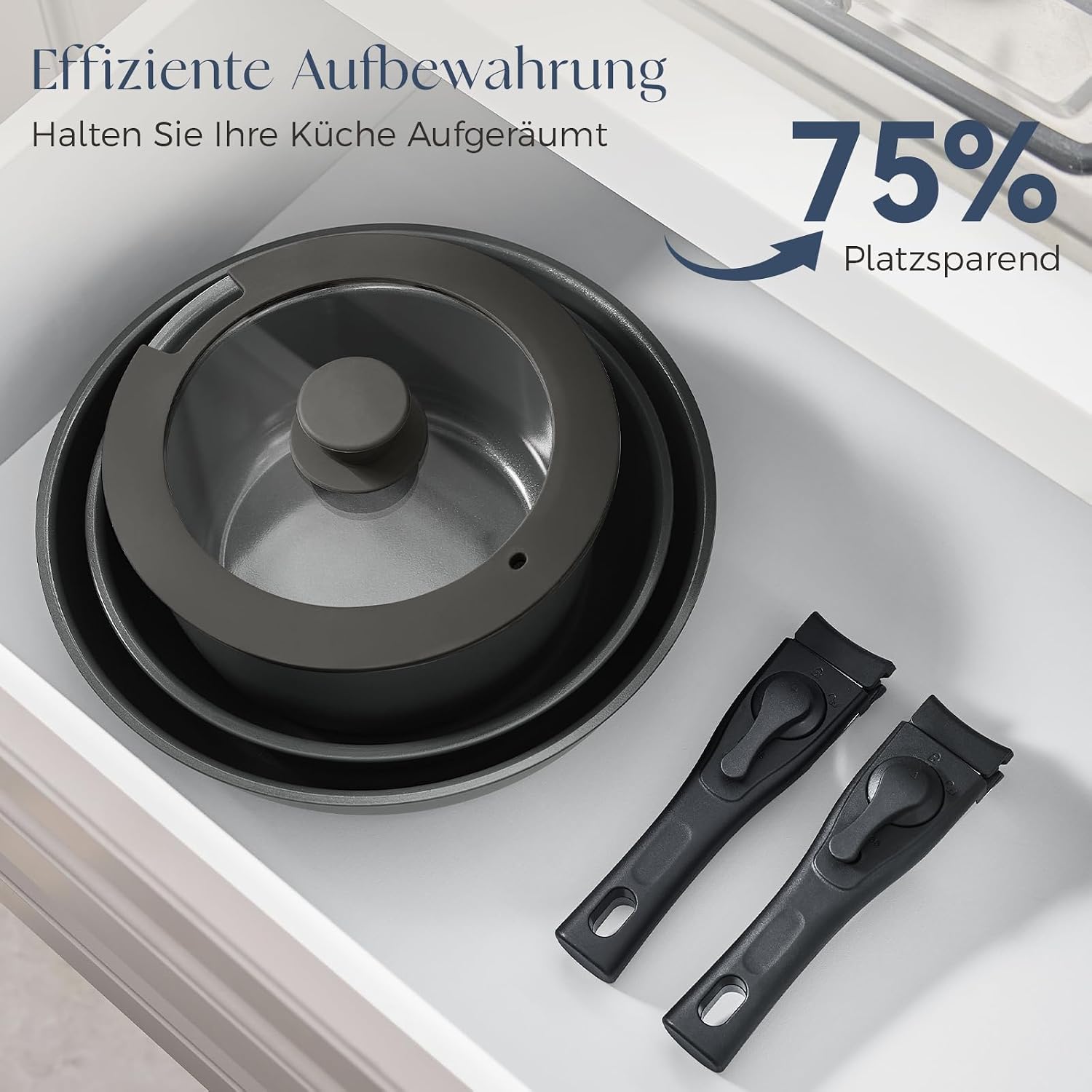 Topfset mit Abnehmbarer Griff, 17-Teilig Topfsets Pfannenset mit Antihaft Beschichtet, Topfset Induktion Kochtopf Set mit Deckel, für Alle Herdarten, Backofenfest, Ofenfest (grau)