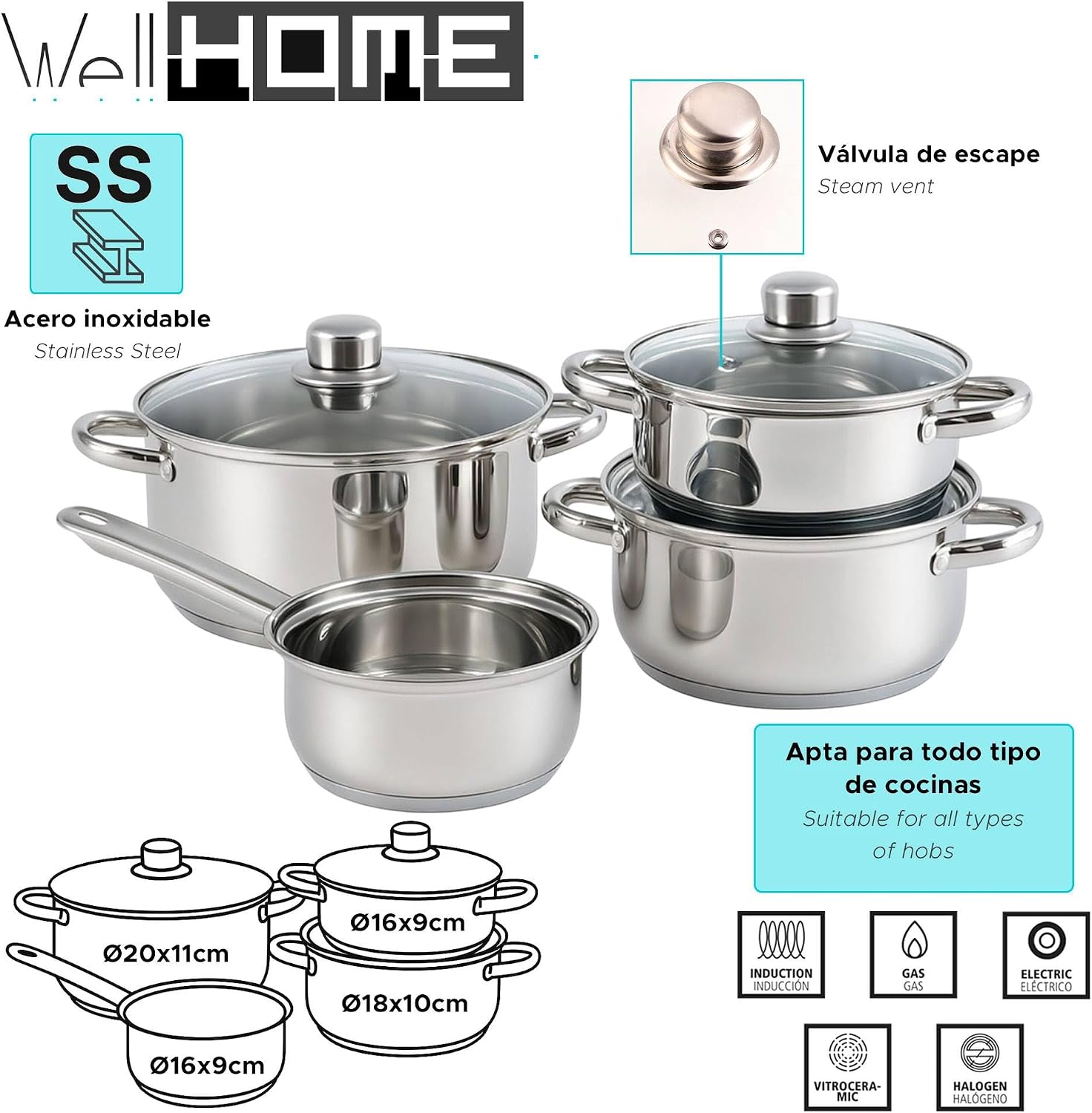 Kochgeschirr-Set, 7-teilig, aus Edelstahl, Ø 20 cm und Ø 24 x 5 cm, induktionsgeeignet, ohne Antihaftbeschichtung