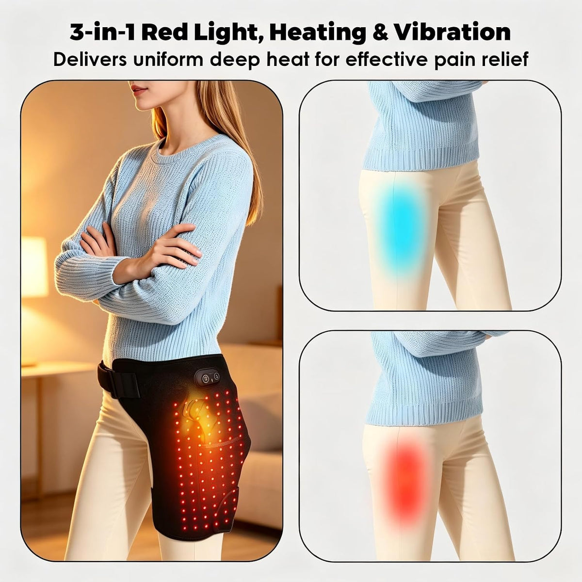 Hüftheizkissen mit Rotlicht, Hipora 4-in-1 Hüftmassager mit 5000mAh Akku, 105 LEDs 660nm, 3 Heizstufen und Vibrationsmassagemodi, Tragbares Heizkissen für Hüfte und Oberschenkel